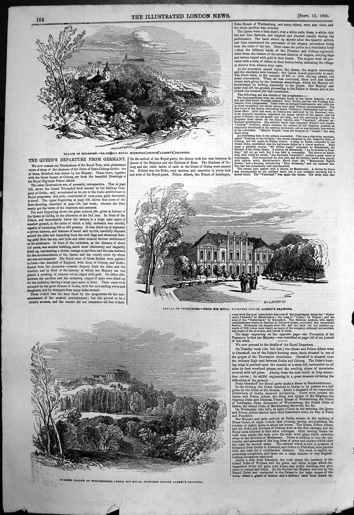 Old Antique Print Palace Molsdorf Palace Tenneburg Palace Wurtemburg 1845 19th