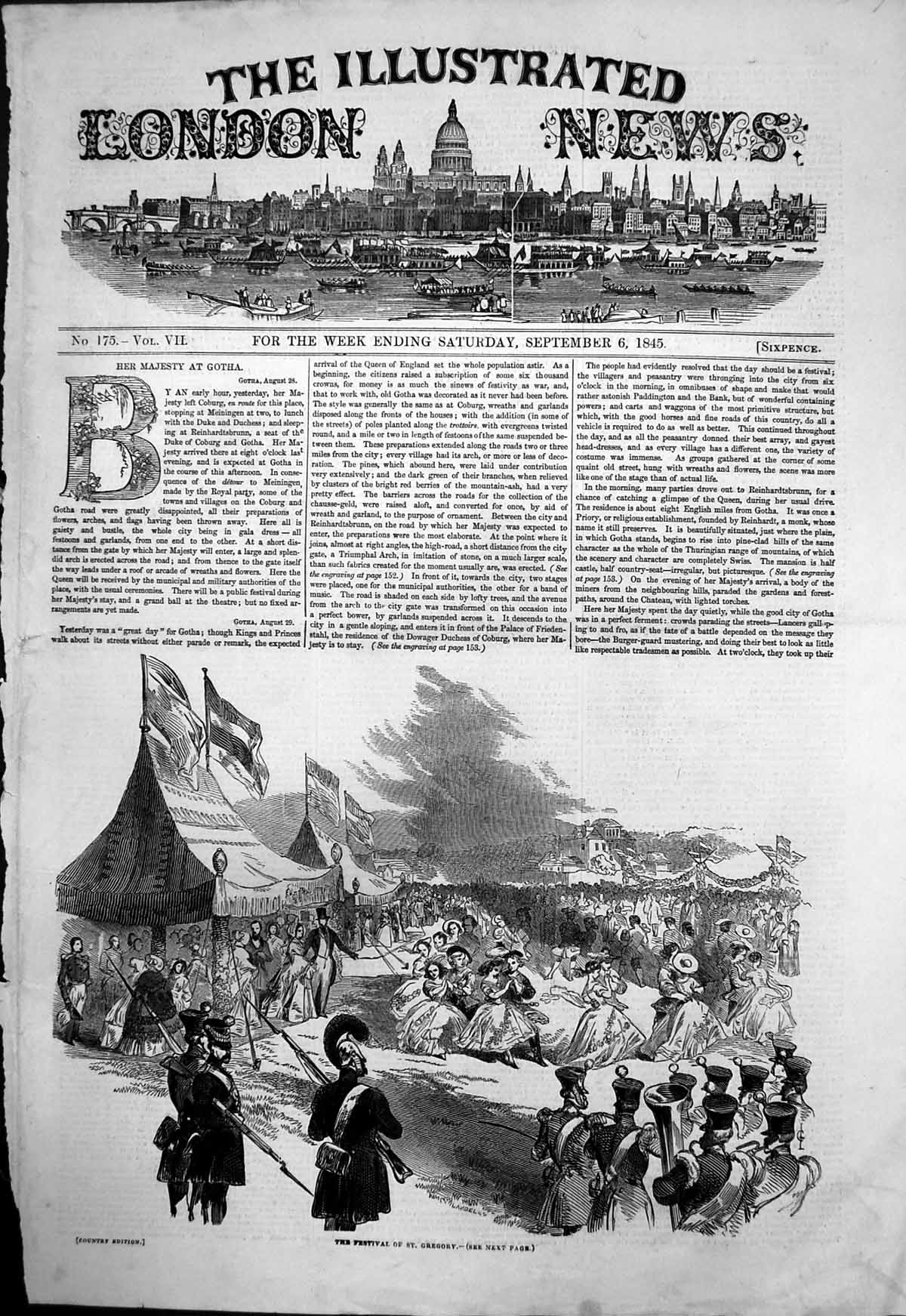 Original Old Antique Print Her Majesty Gotha Festival St Gregory 1845 Victorian