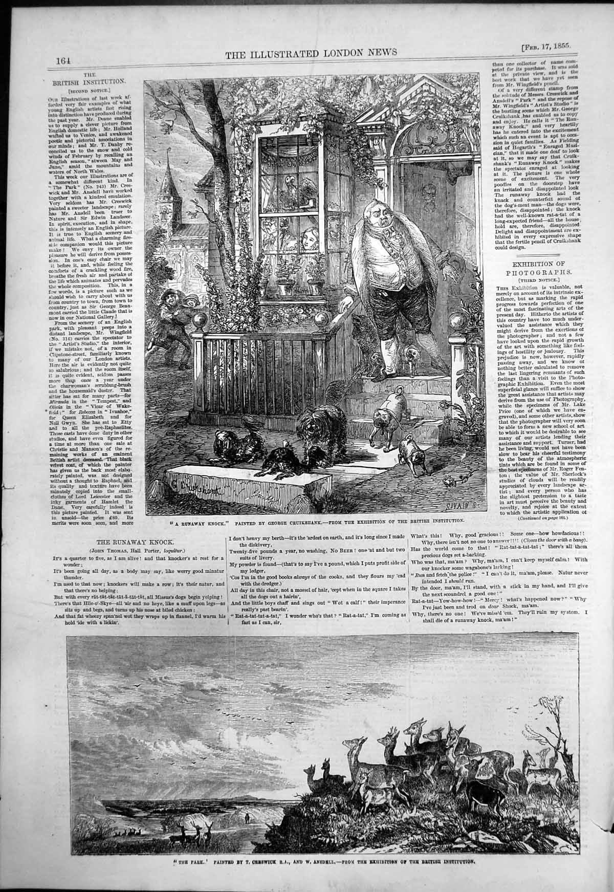 Antique Old Print Runaway Knock Animals Door Park Creswick Andsdell Deer 1855