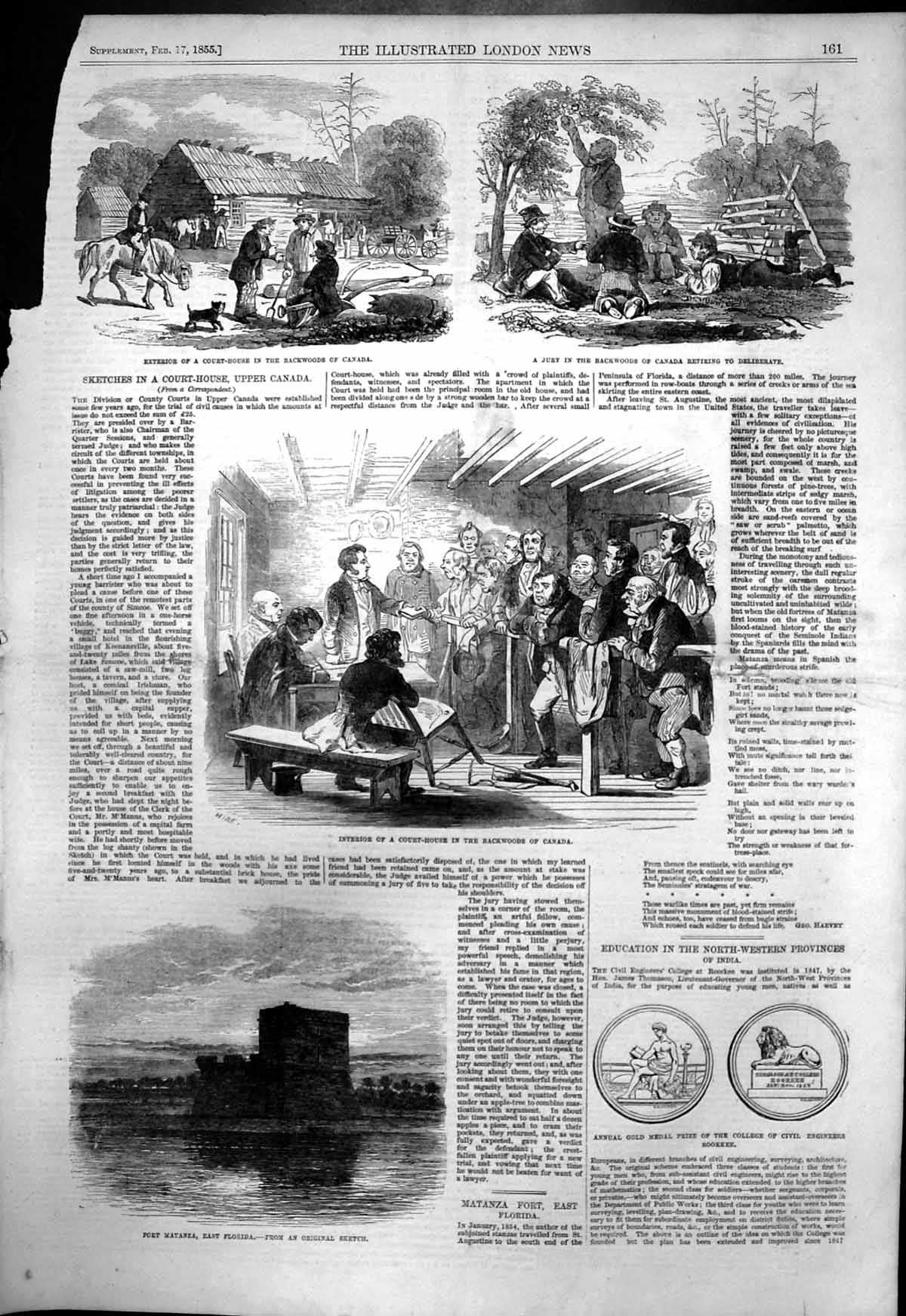 Old Antique Print Court House Backwoods Canada Fort Matanza Florida 1855 19th