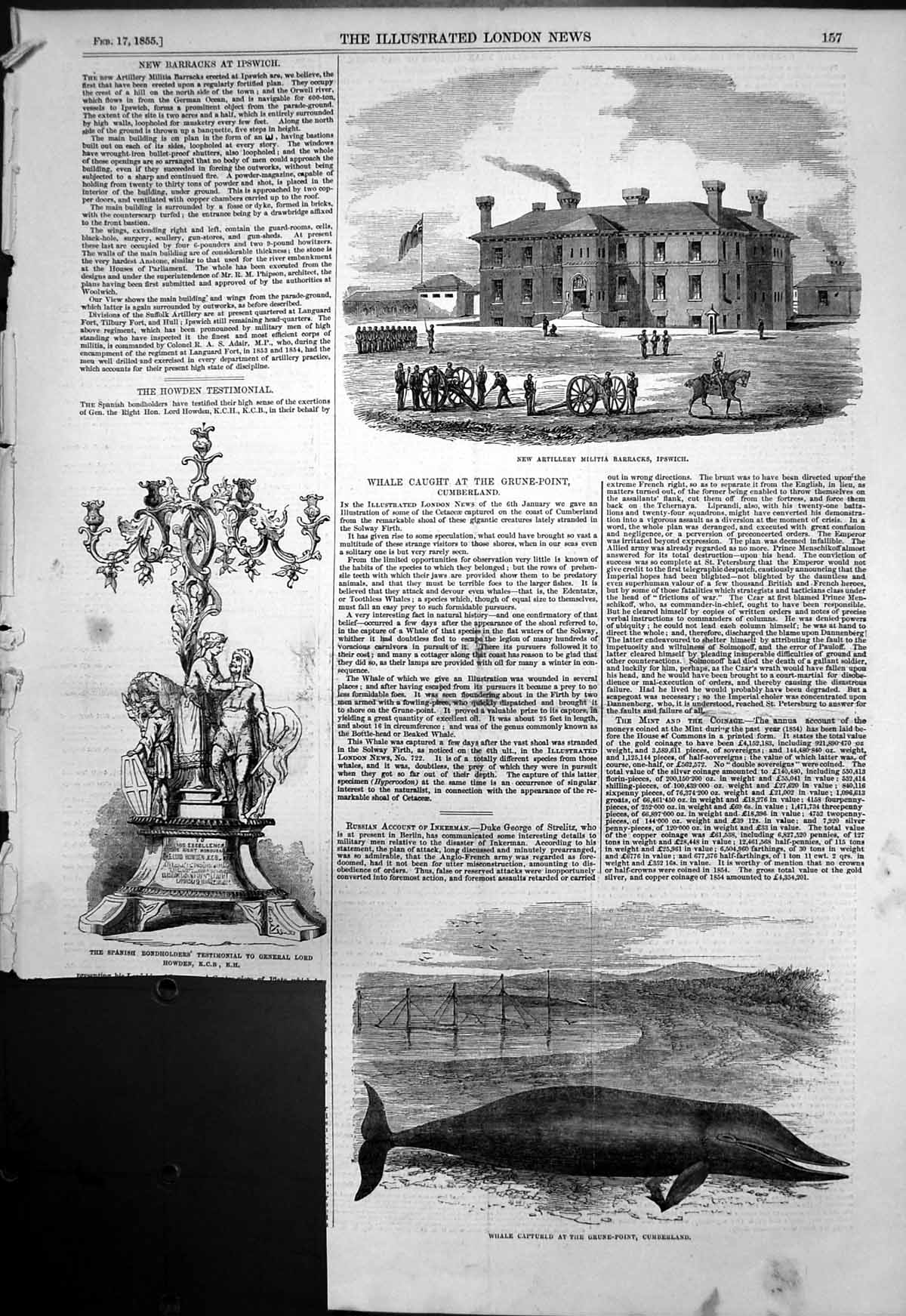 Old Print Whale Caught Grune Point Artillery Militia Barracks Ipswich1855 19th