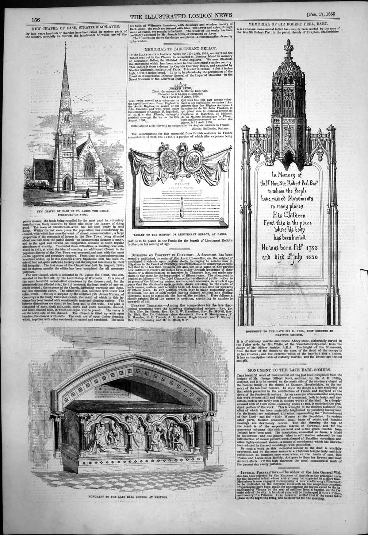 Antique Print Chapel Ease St James Great Stratford Monument Earl Somers1855