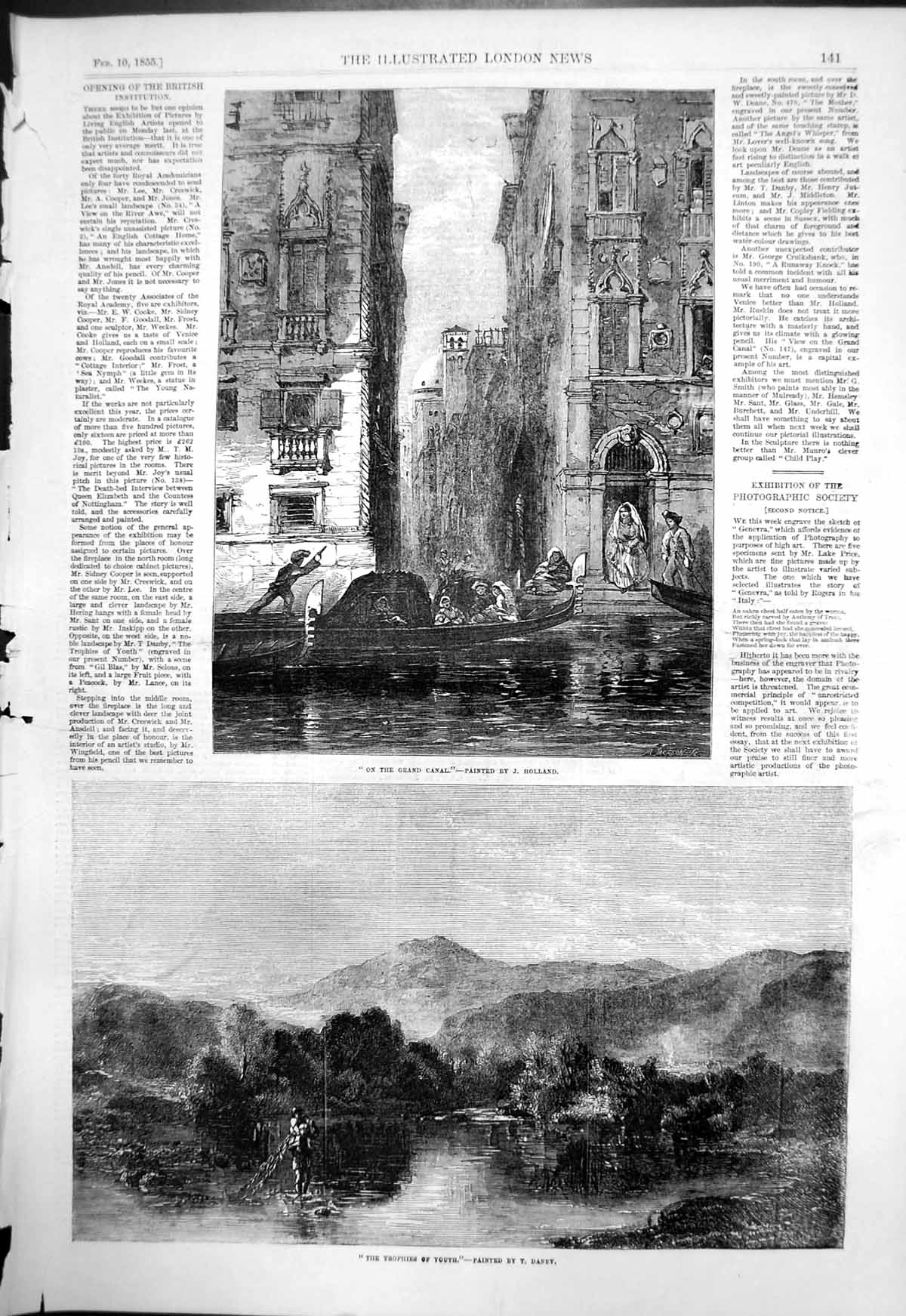 Original Old Antique Print Grand Canal J Holland Trophies Youth T Danby 1855