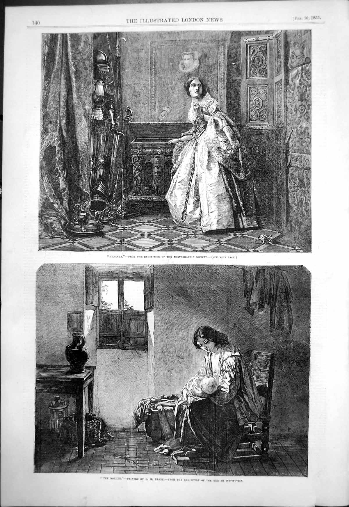 Original Old Antique Print Genevra Mother D Deane Woman Hing Baby 1855 19th