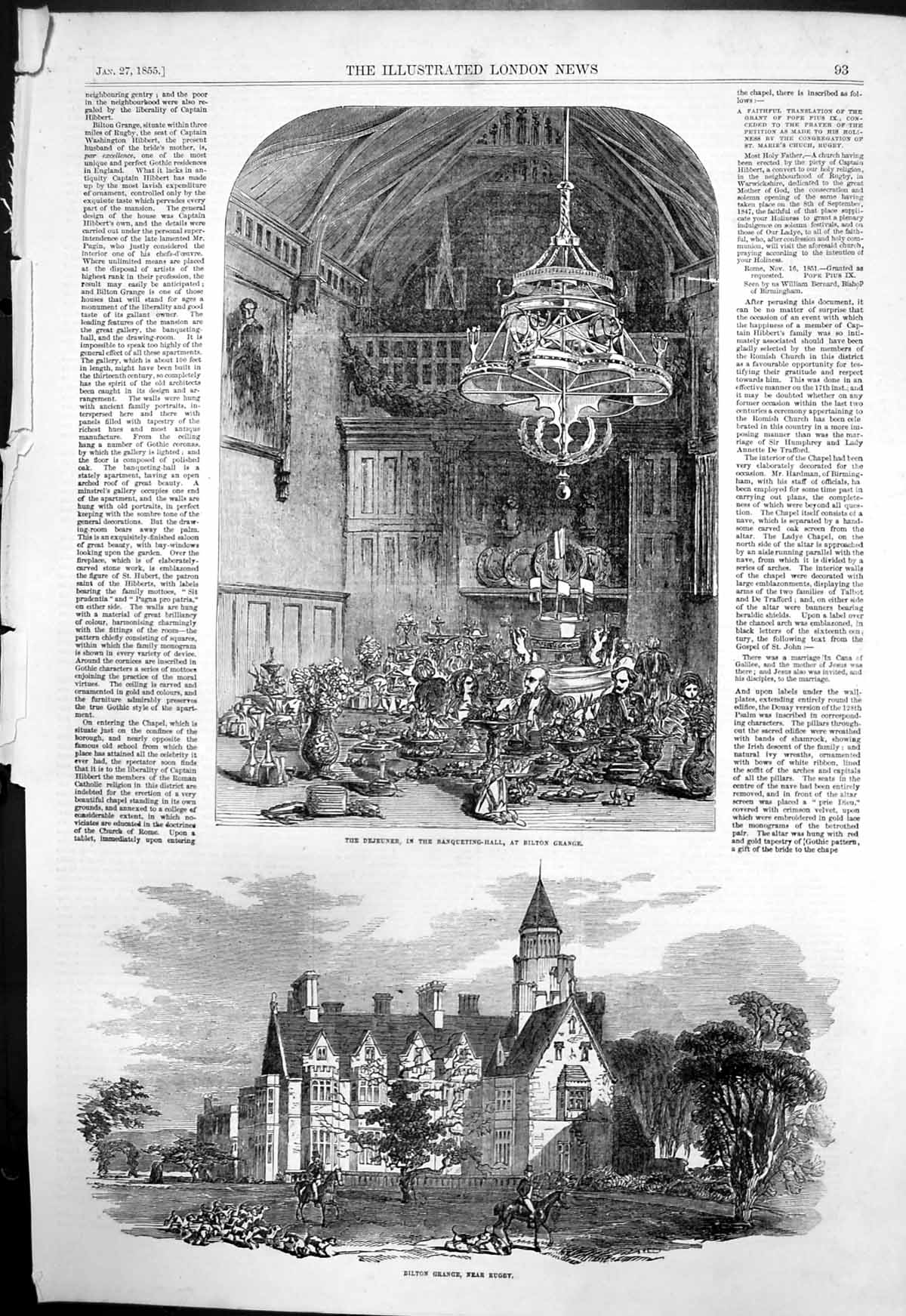 Original Old Antique Print Dejeuner Banqueting Hall Bilton Grange Rugby 1855