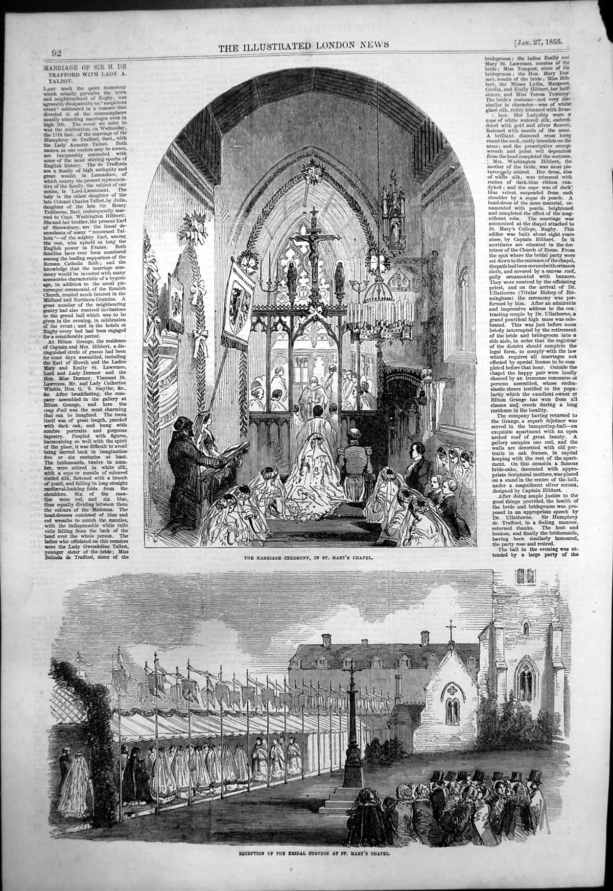 Old Antique Print Marriage H Trafford Lady A Talbot St Marys Chapel 1855 19th