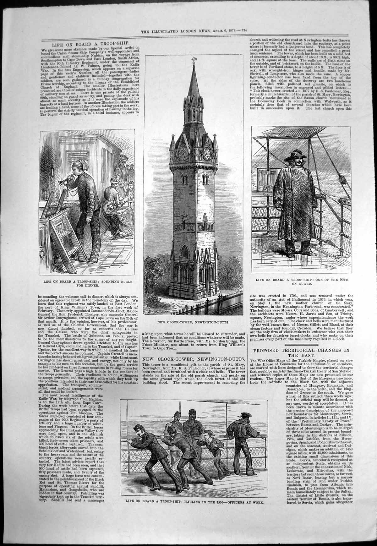 Antique Print New Clock Tower Newington Butts Life On Board Troopship 1878 19th