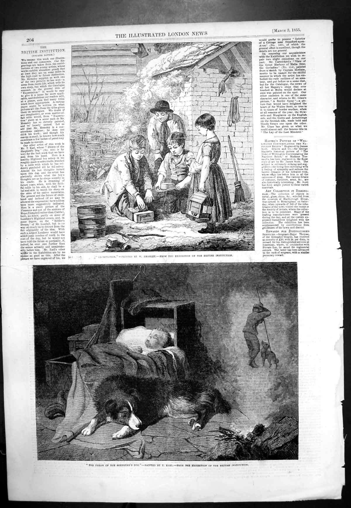 Old Antique Print Dream Shepherds Dog Expectation W Hemsley Children 1855 19th