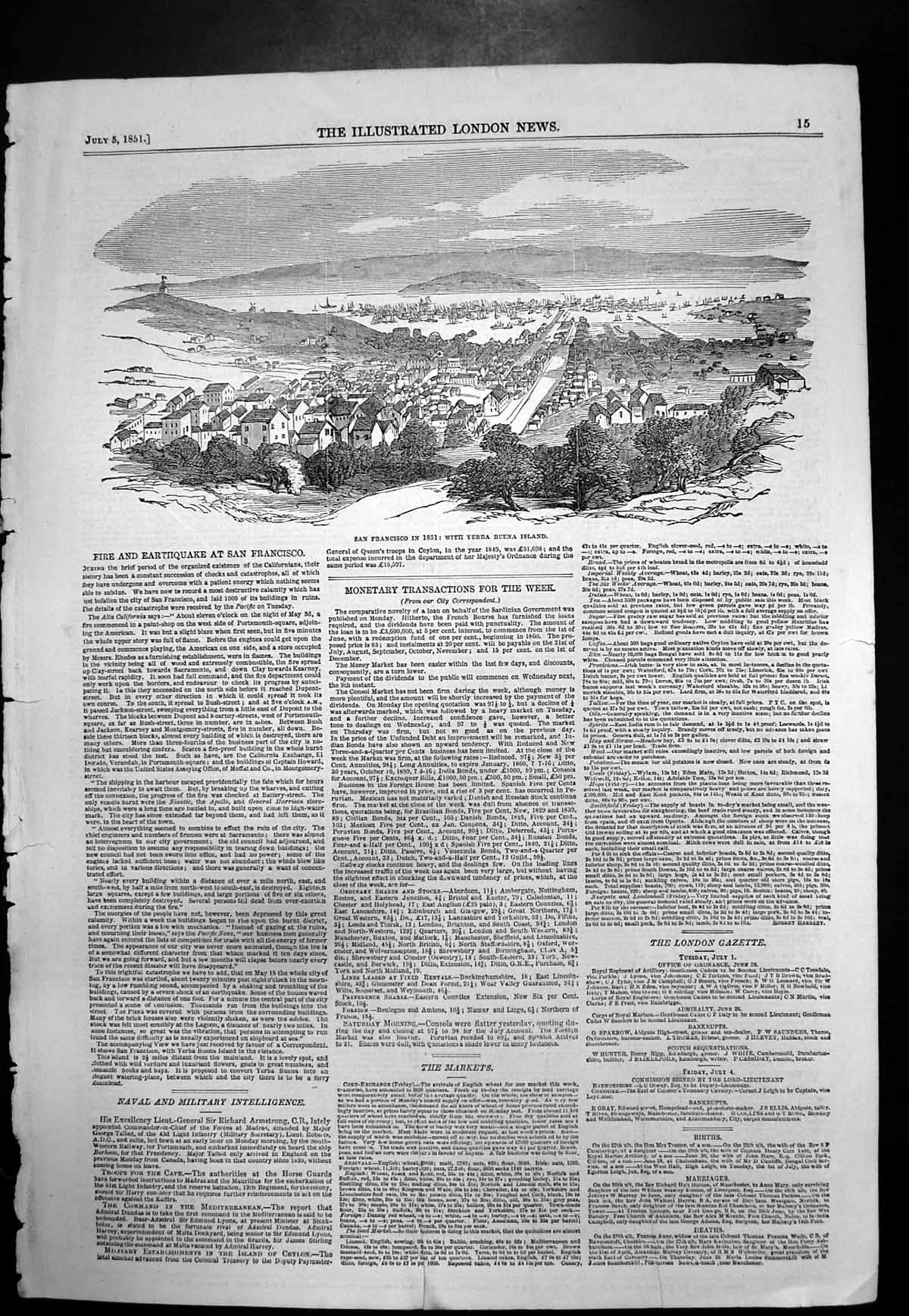 Antique Old Print San Francisco 1851 Yerba Buena Island Earthquake Fire 1851