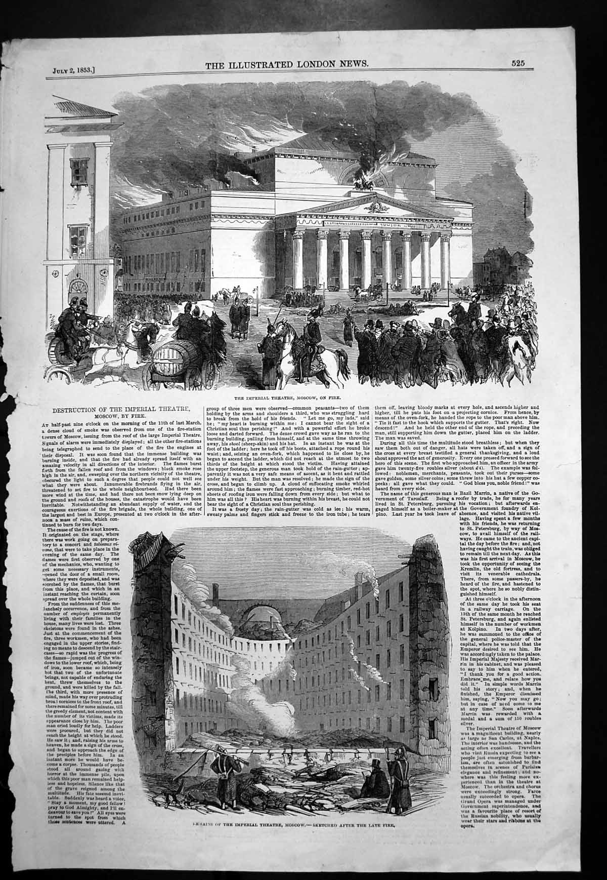 Old Antique Print Destruction Imperial Theatre Moscow Fire Remains 1853 19th