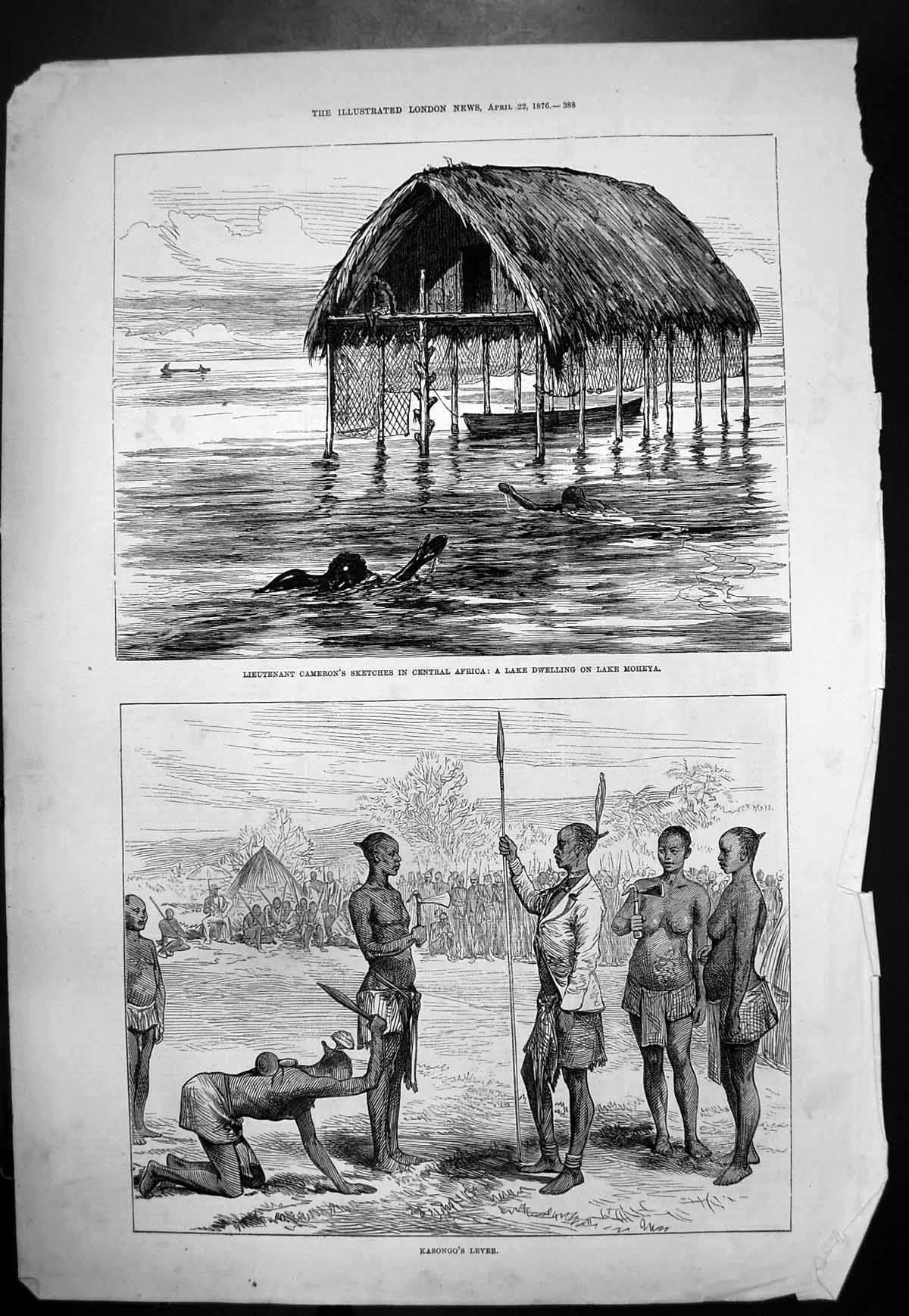 Antique Old Print Lieut Cameron Central Africa Lake Dwelling Lake Moheya 1876