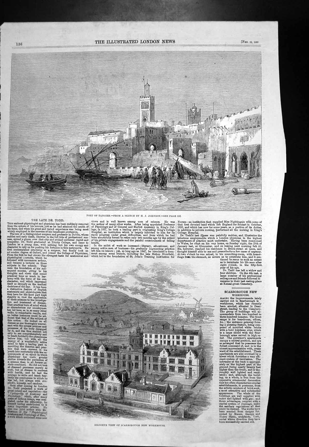 Original Old Antique Print Port Tangier View Scarborough New Workhouse 1860