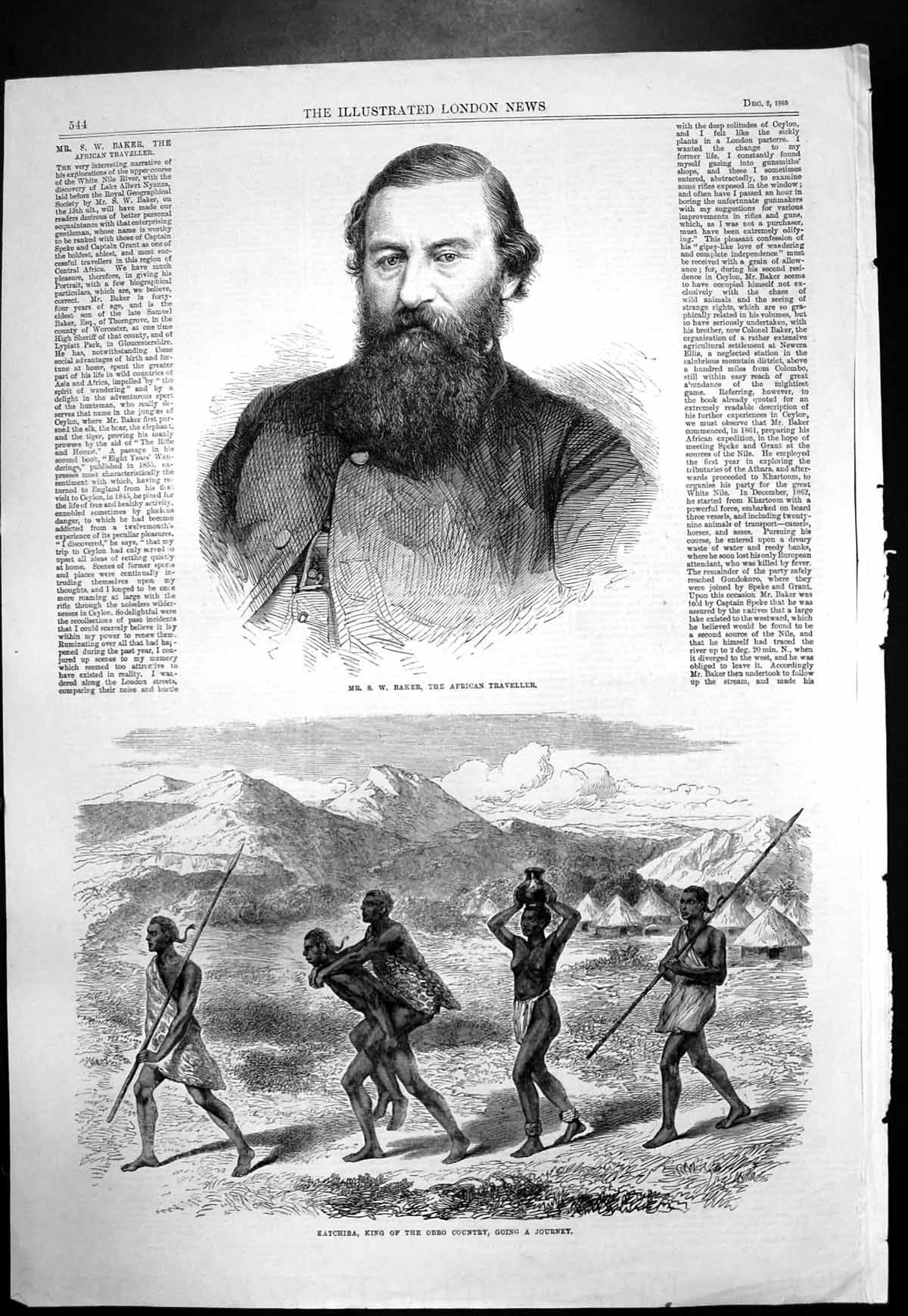Antique Print Mr S Baker African Traveller Katchiba King Obbo Country 1865 19th