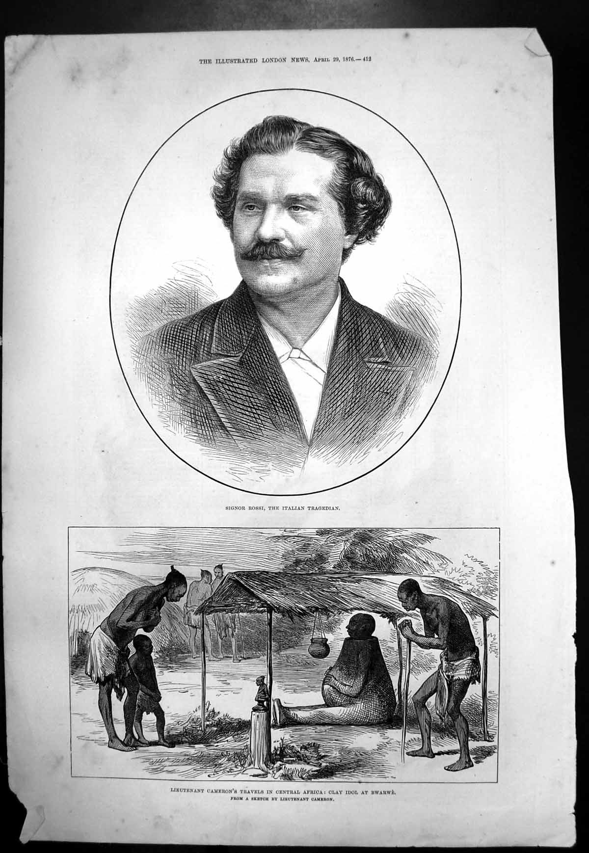 Original Old Antique Print Signor Rossi Italian Tragedian Clay Idol Bwarwe 1876