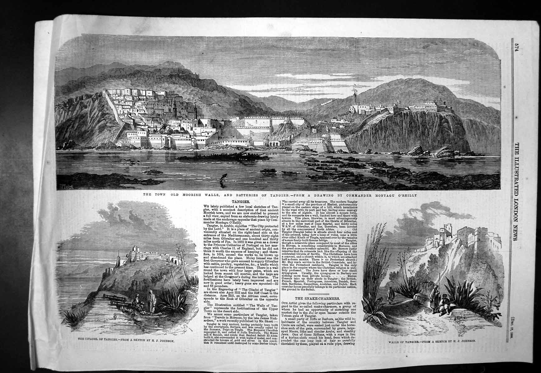 Old Antique Print Town Moorish Walls Batteries Citadel Walls Tangier 1859 19th