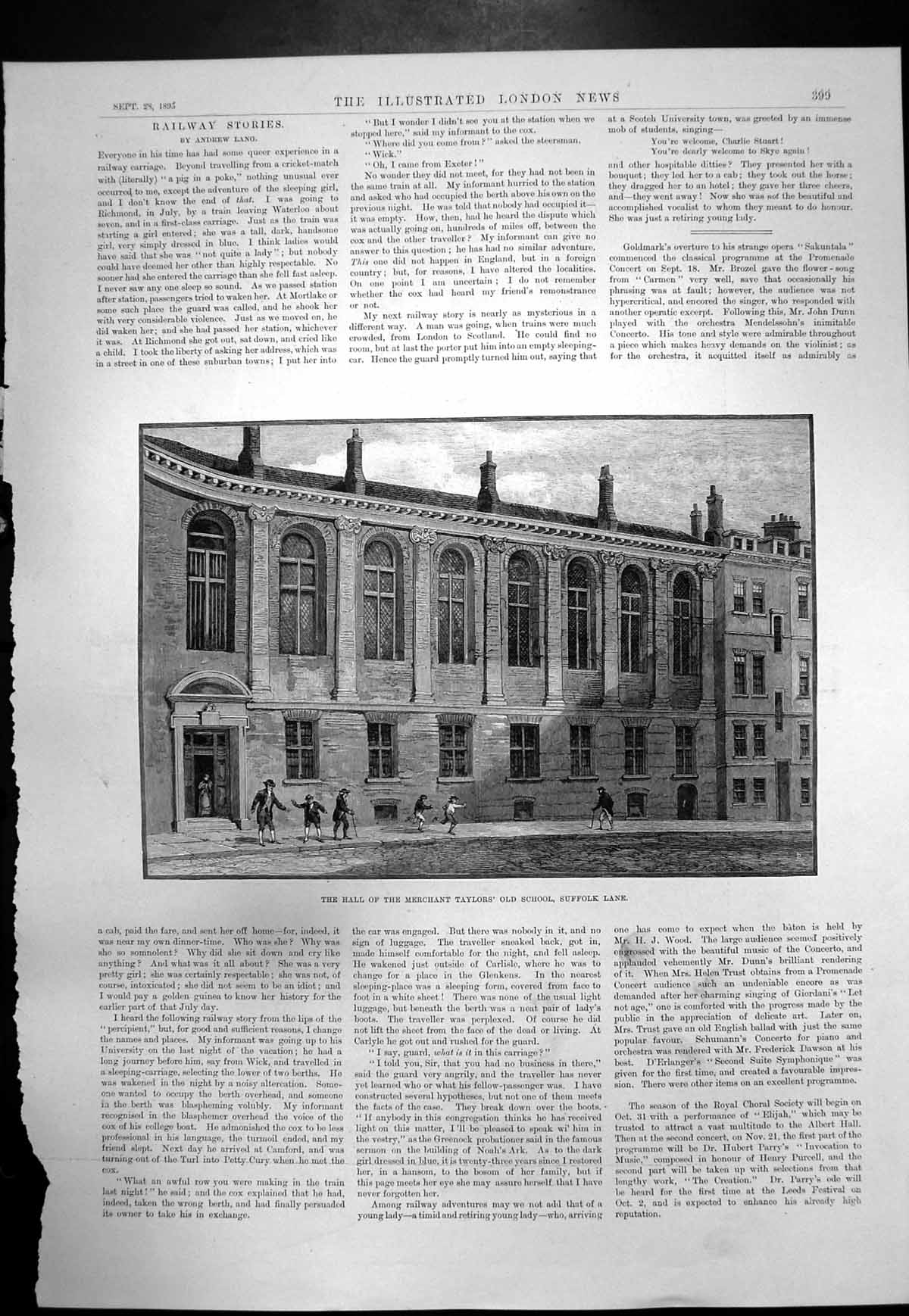 Original Old Antique Print Hall Merchant Taylors School Suffolk Lane 1895 19th