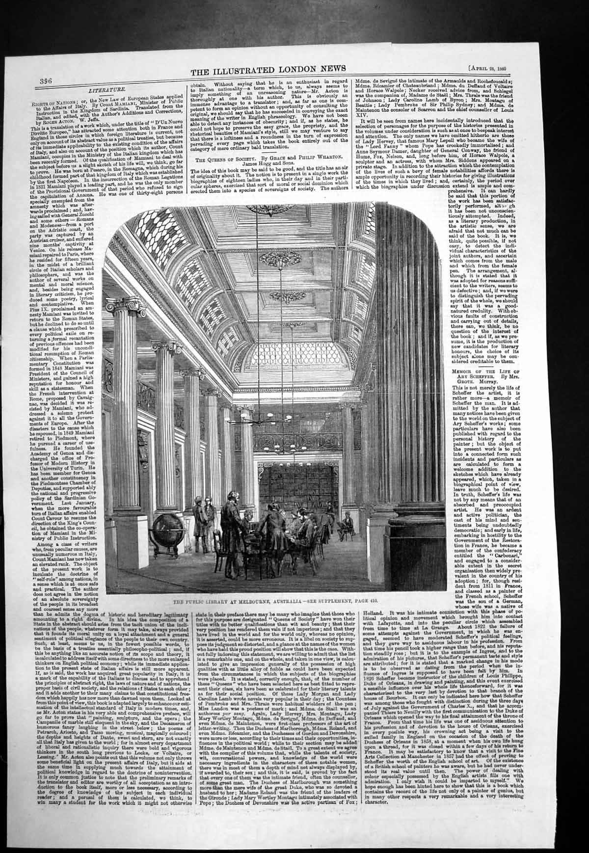 Original Old Antique Print Public Library Melbourne Australia 1860 Victorian