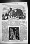 Original Old Antique Print Waltham Abbey Church Restored Interior Exterior 1860