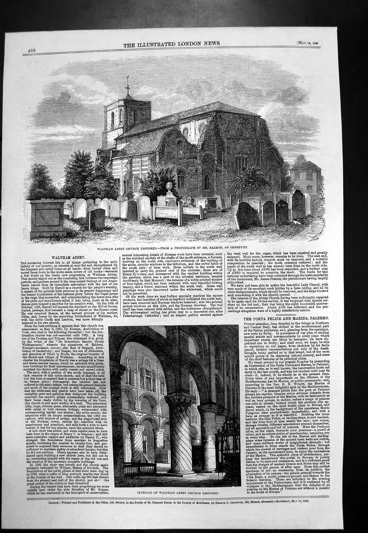 Original Old Antique Print Waltham Abbey Church Restored Interior Exterior 1860