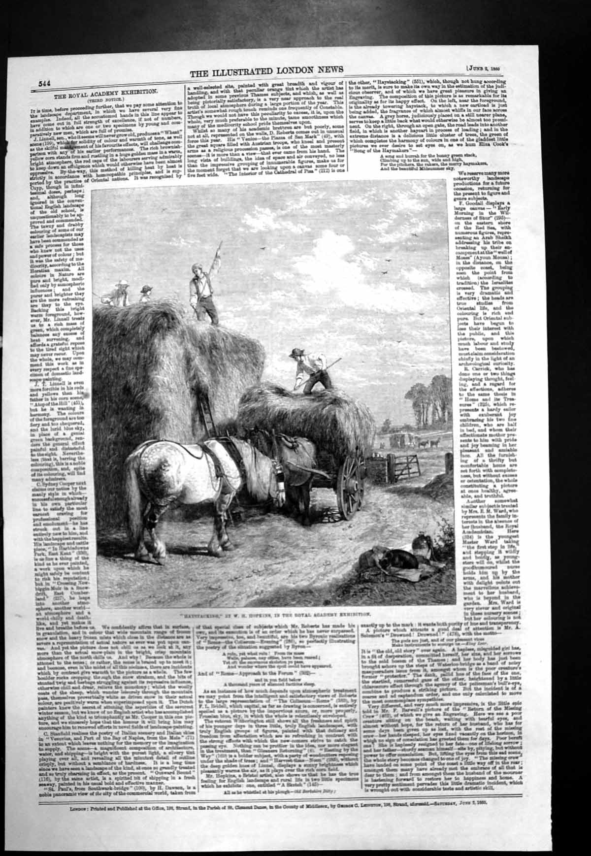 Old Antique Print Haystacking W Hopkins Horse Cart Men Forking Hay 1860 19th