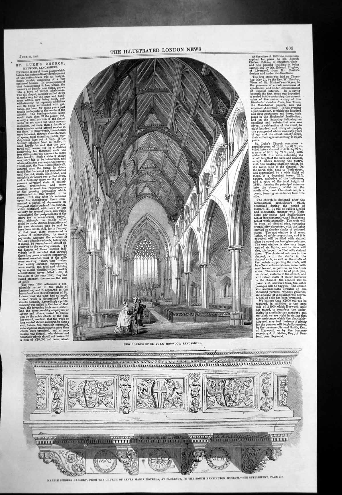 Antique Old Print Church St Luke Heywood Marble Gallery Church Florence 1860