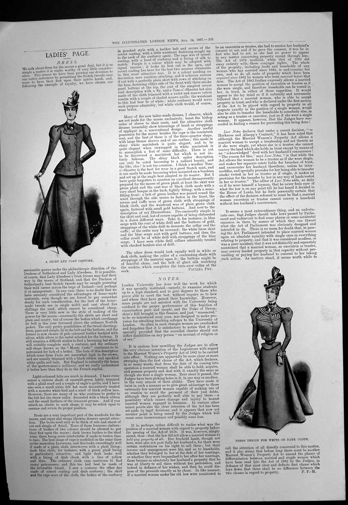 Old Print Ladies Fashions Skirt Coat Costume Dress White Dark Cloth 1897 19th
