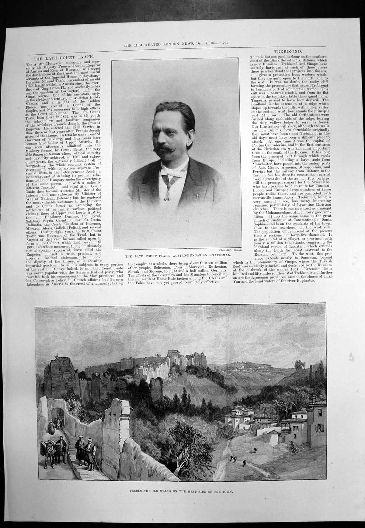 Antique Old Print Count Taffe Austro Hungarian Statesman Trebizond Walls 1895