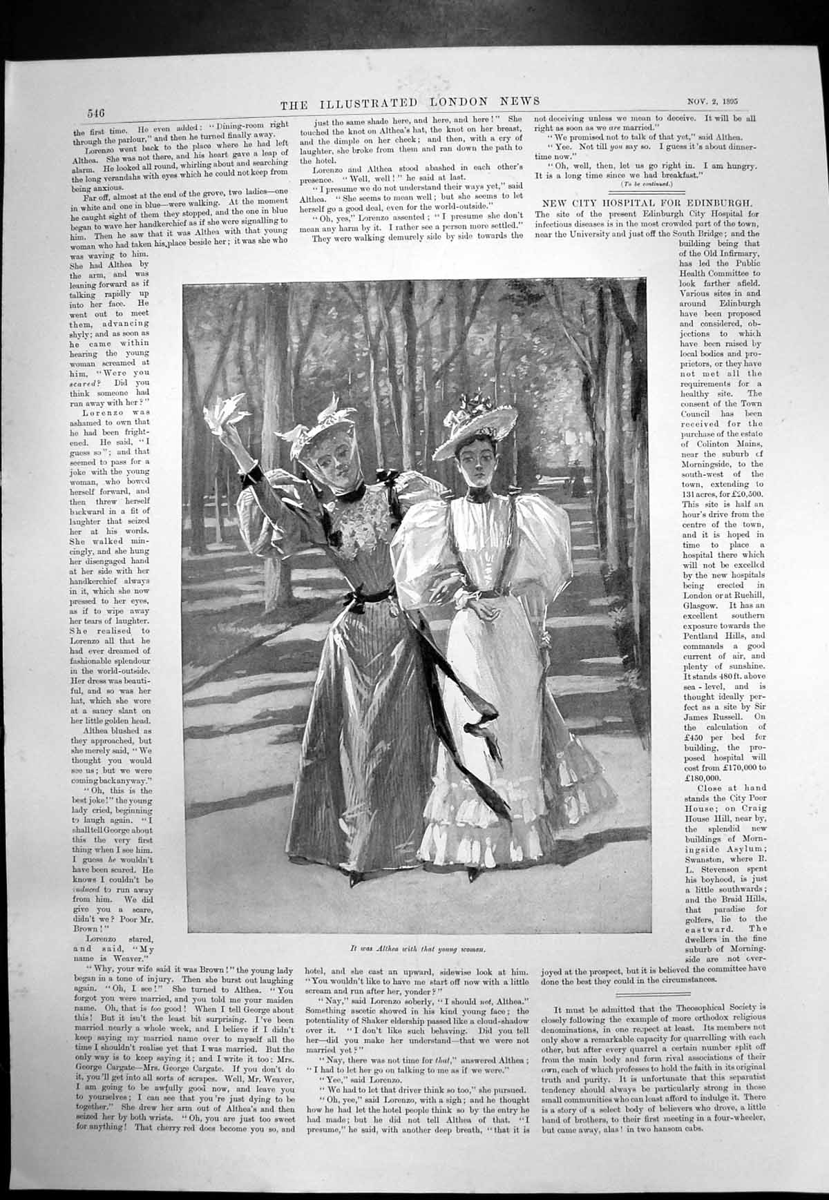 Original Old Antique Print Day Their Wedding Althea With Young Woman 1895 19th