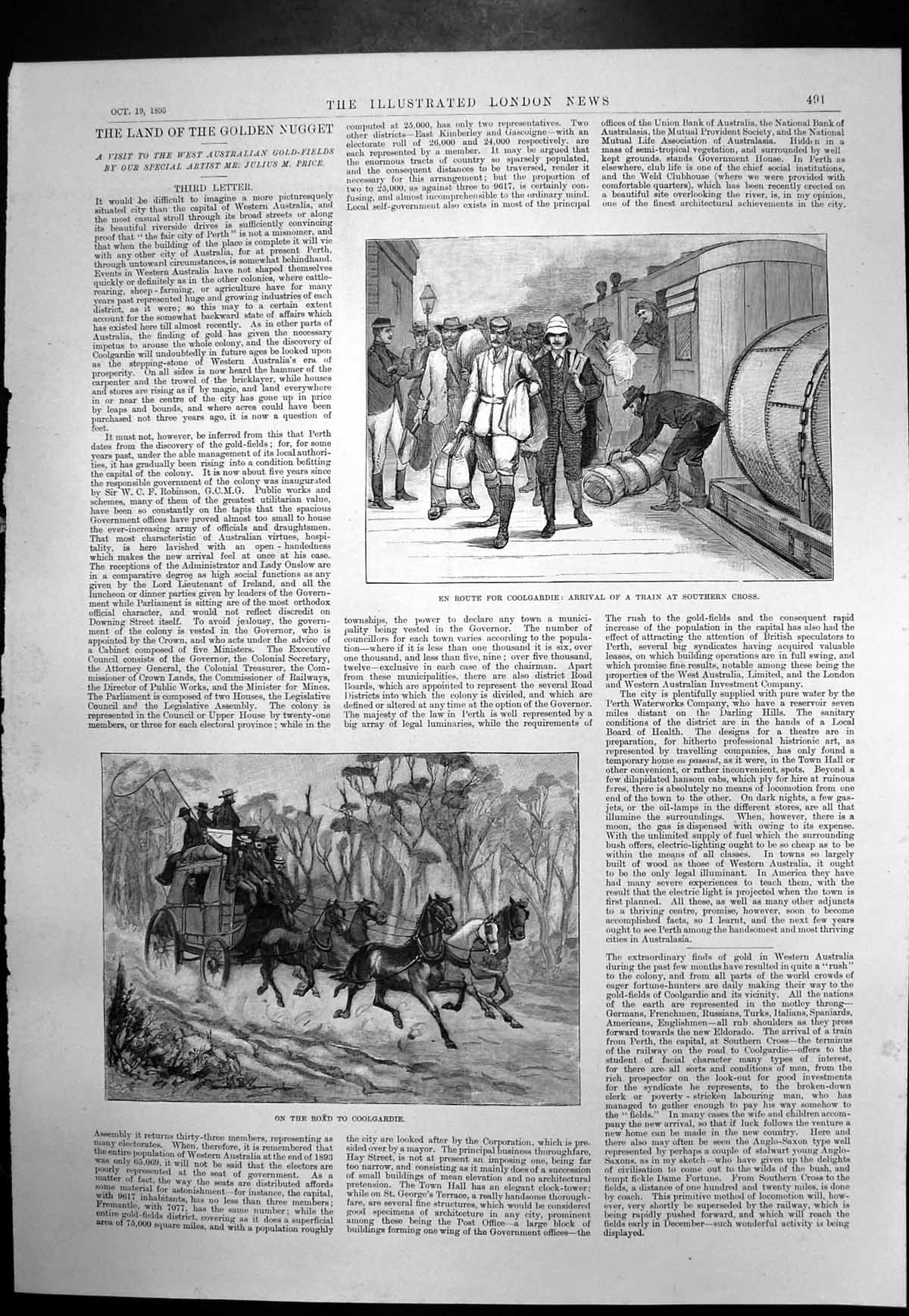 Antique Old Print Road Coolgardie Arrival Train Southern Cross GFields 1895