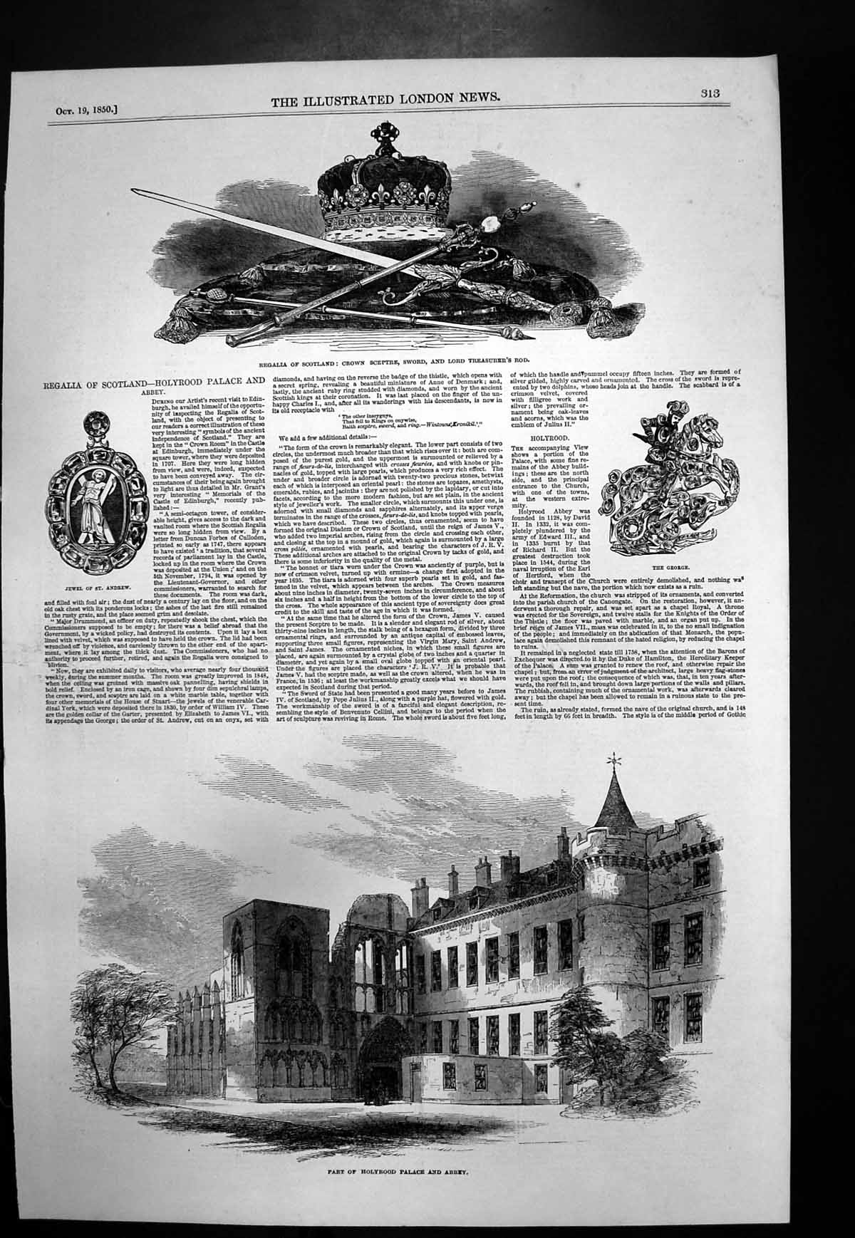 Antique Old Print Regalia Scotland Crown Sceptre Holyrood Palace Abbey 1850