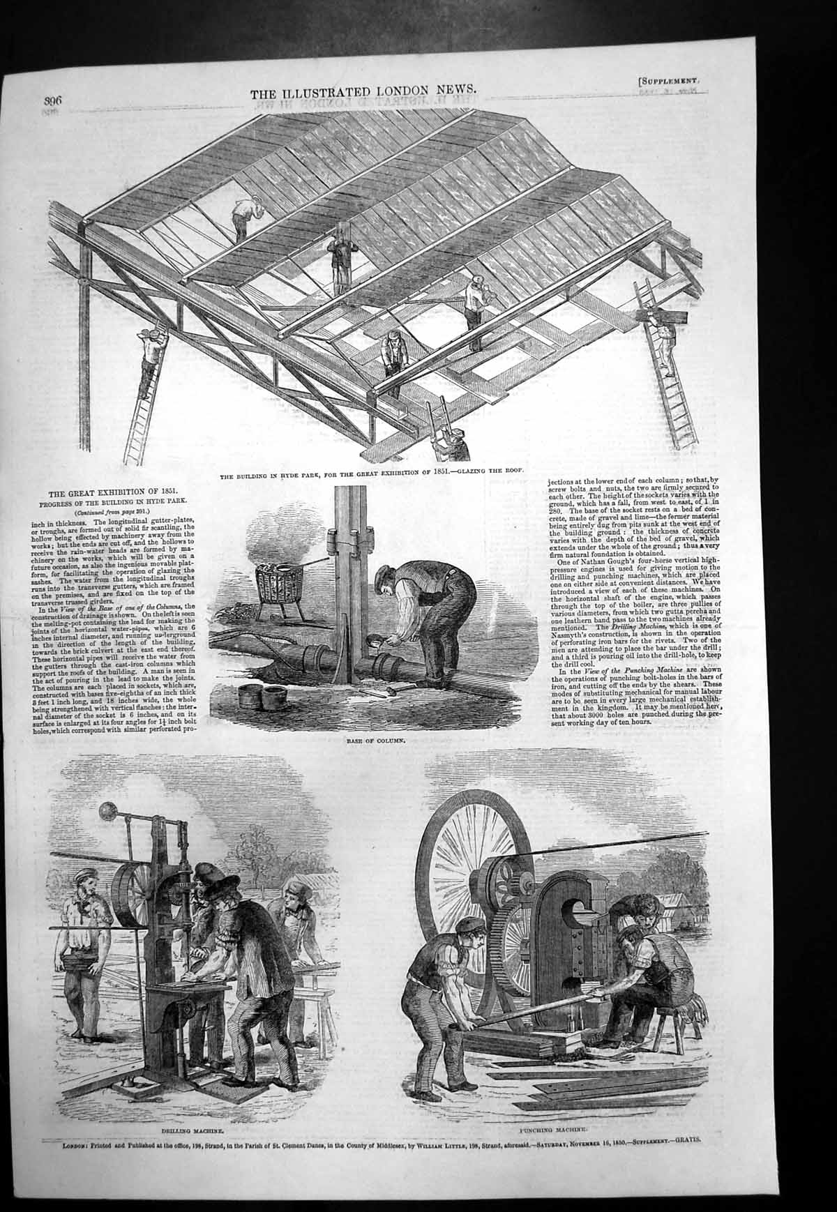 Antique Old Print Building Hyde Park Great Exhibition Drilling Punching 1850