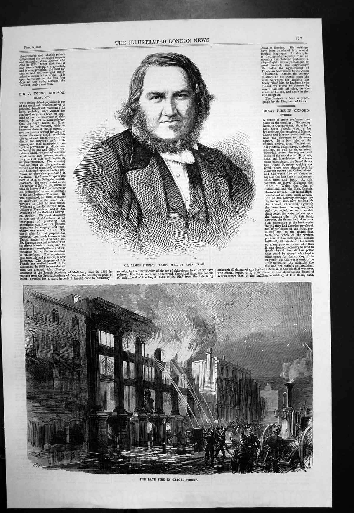 Antique Old Print Fire Oxford Street Sir James Simpson Bart Md Edinburgh 1866