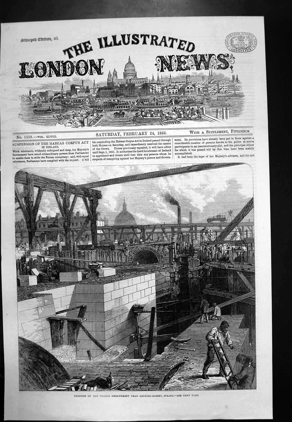 Old Antique Print Progress Thames Embankment Arundel Street Strand 1866 19th