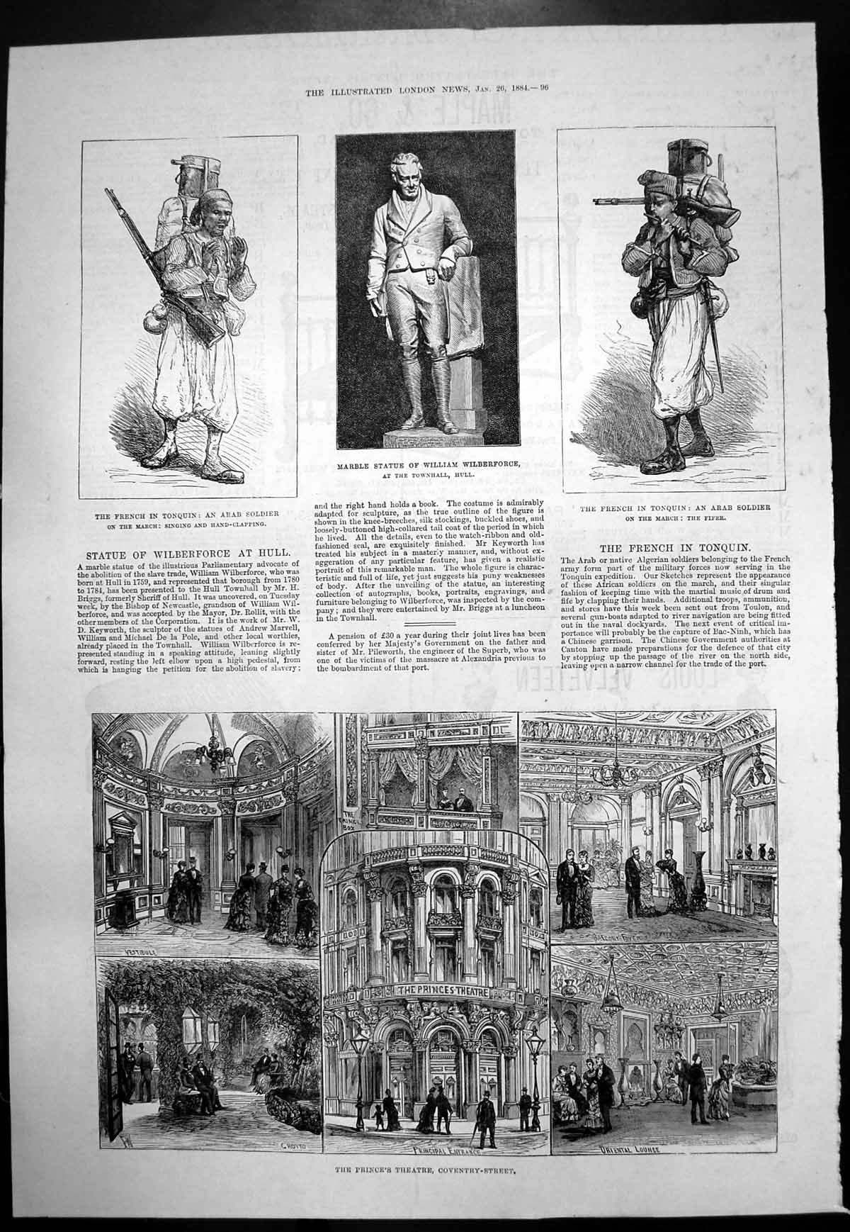 Old Print Princes Theatre Coventry Street Statue William Wilberforce1884 19th