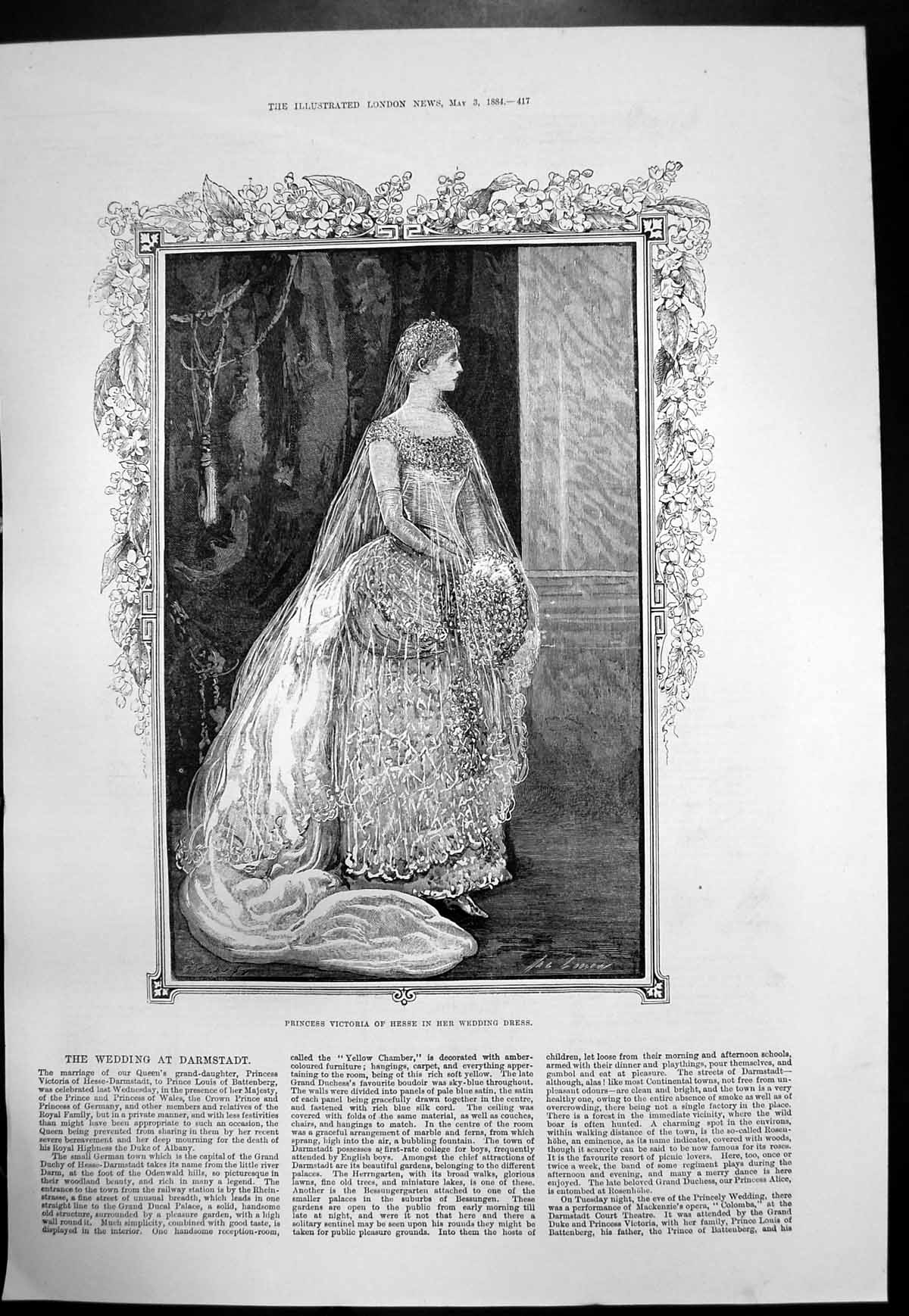 Original Old Antique Print Princess Victoria Hesse Wedding Dress Darmstadt 1884