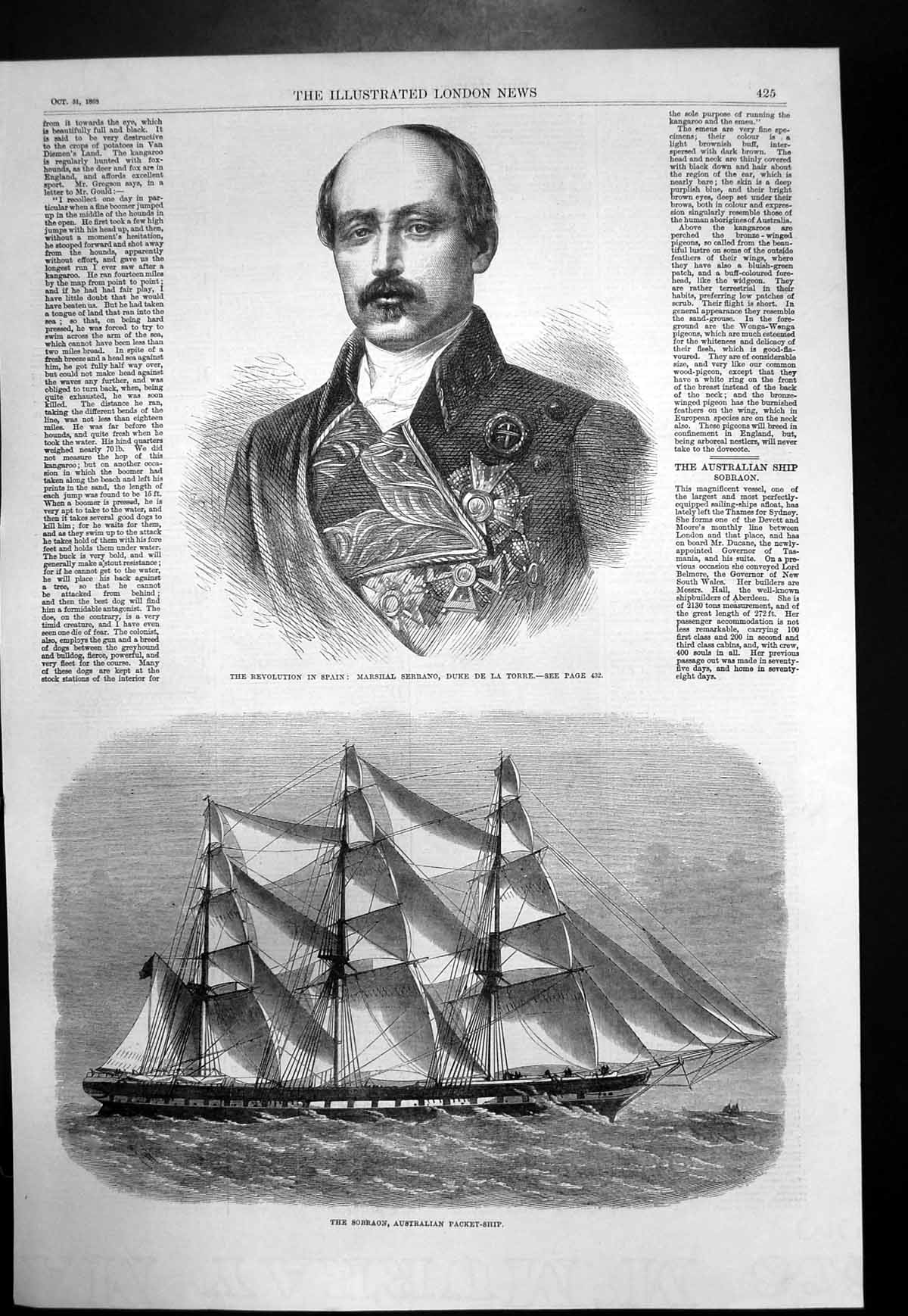 Old Print Sobraon Australian Packet Ship Marshal Serrano Duke Torre 1868 19th