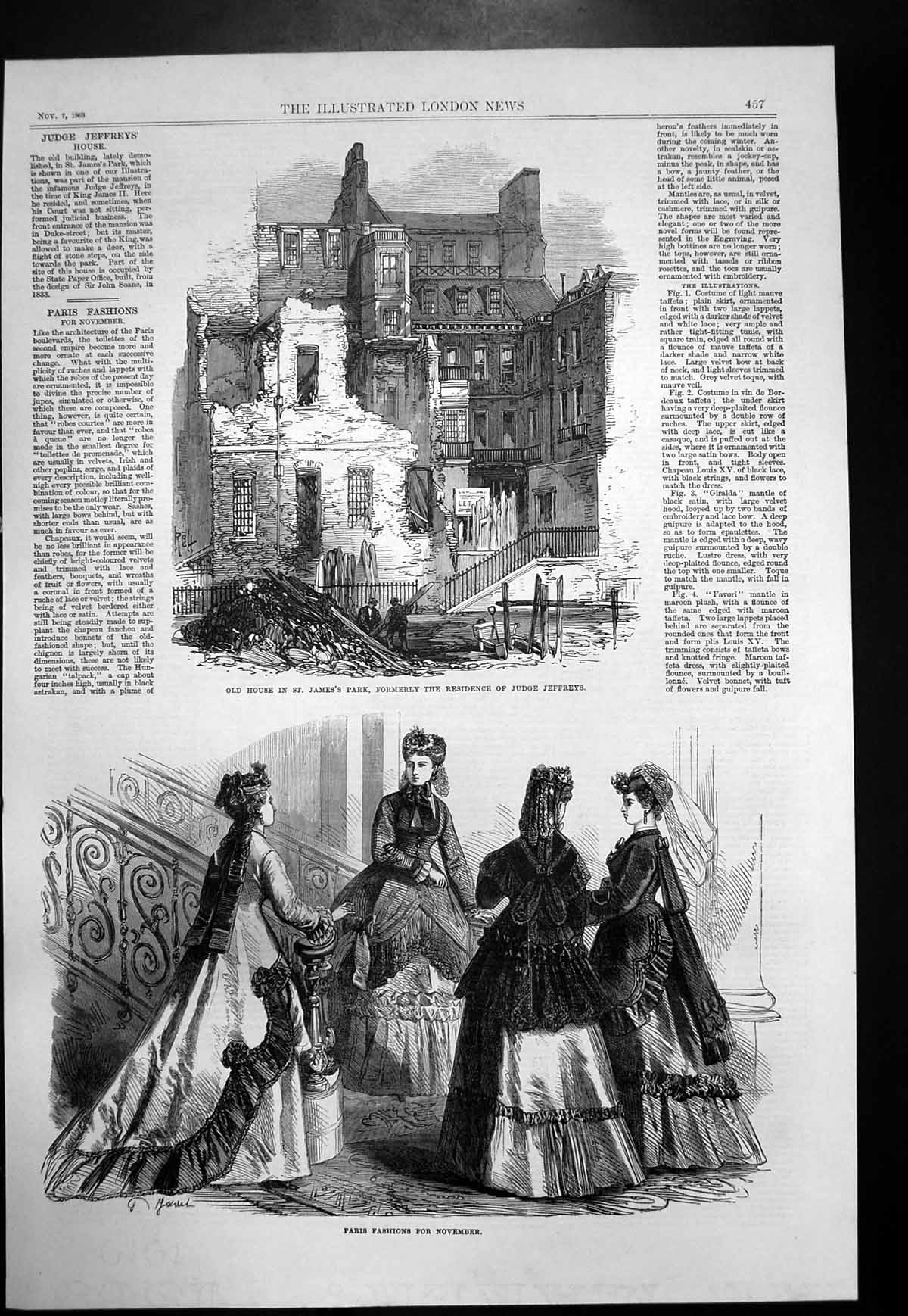 Antique Print Judge Jeffreys House St James Park Paris Fashions Ladies 1868