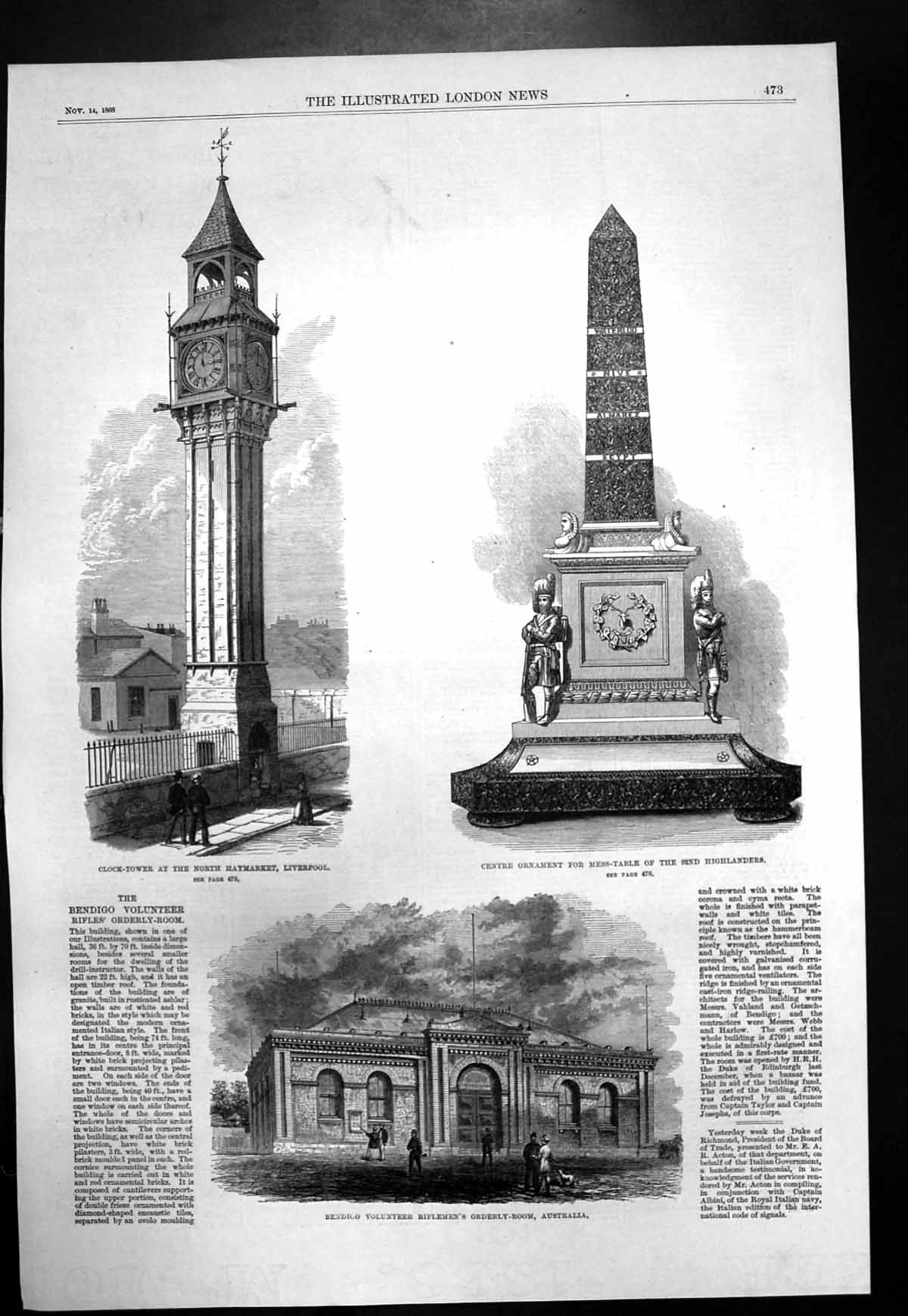 Antique Old Print Bendigo Rifles Orderly Room Australia Tower Liverpool 1868