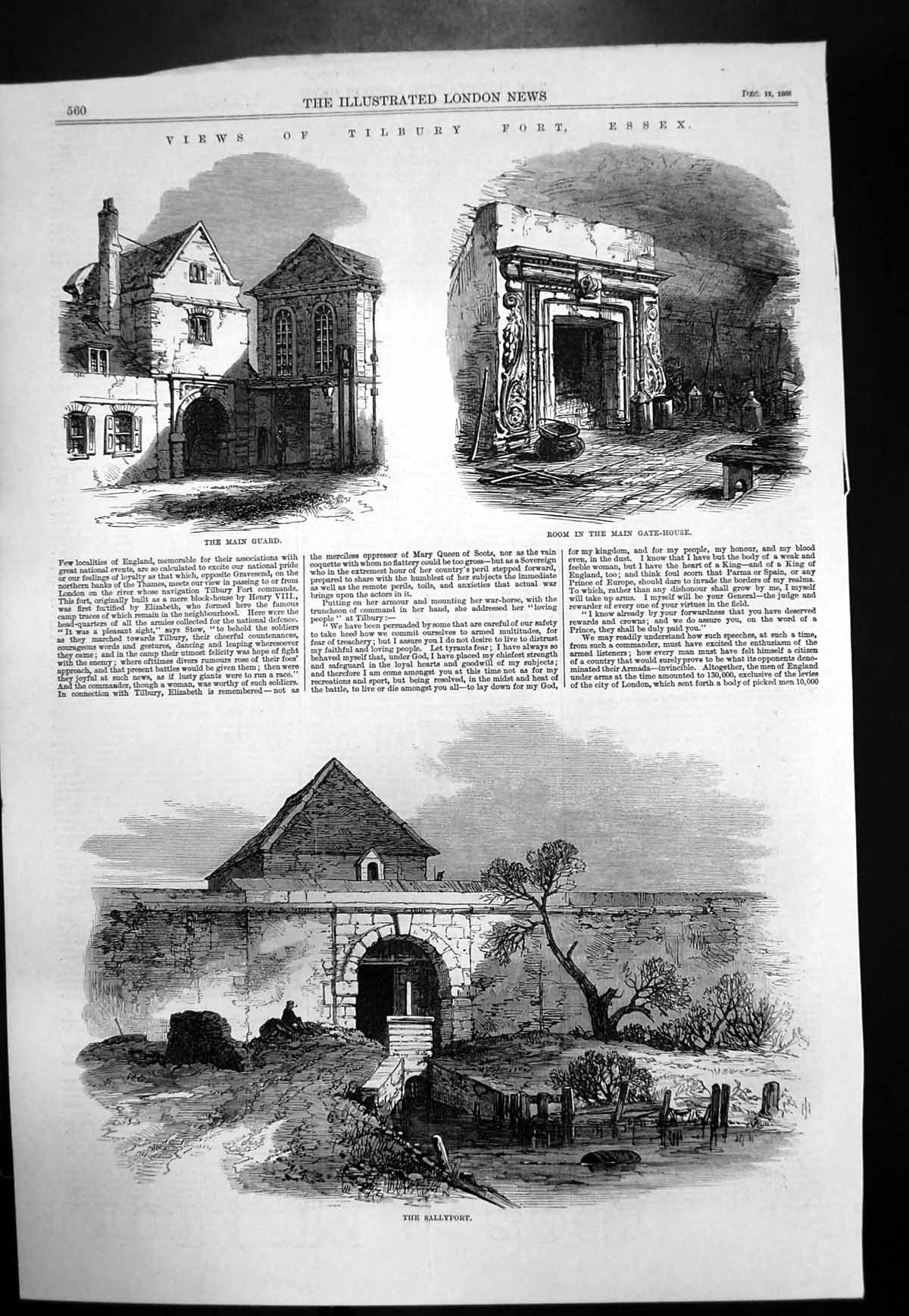 Antique Print Tilbury Fort Essex Sallyport Main Guard Room Gate House 1868 19th
