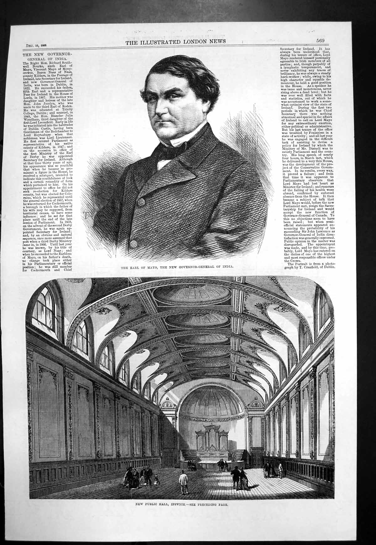 Antique Print New Public Hall Ipswich Earl Mayo Governor General India 1868