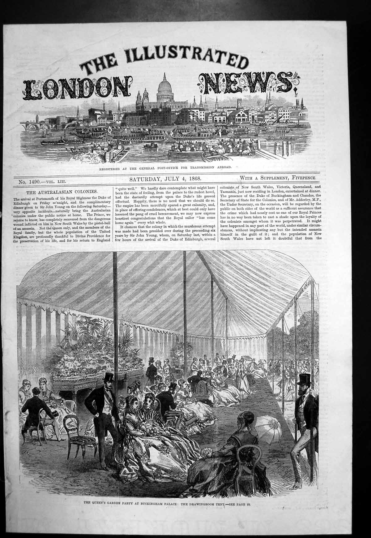 Antique Old Print Queens Garden Party Buckingham Palace Drawing Room Tent1868