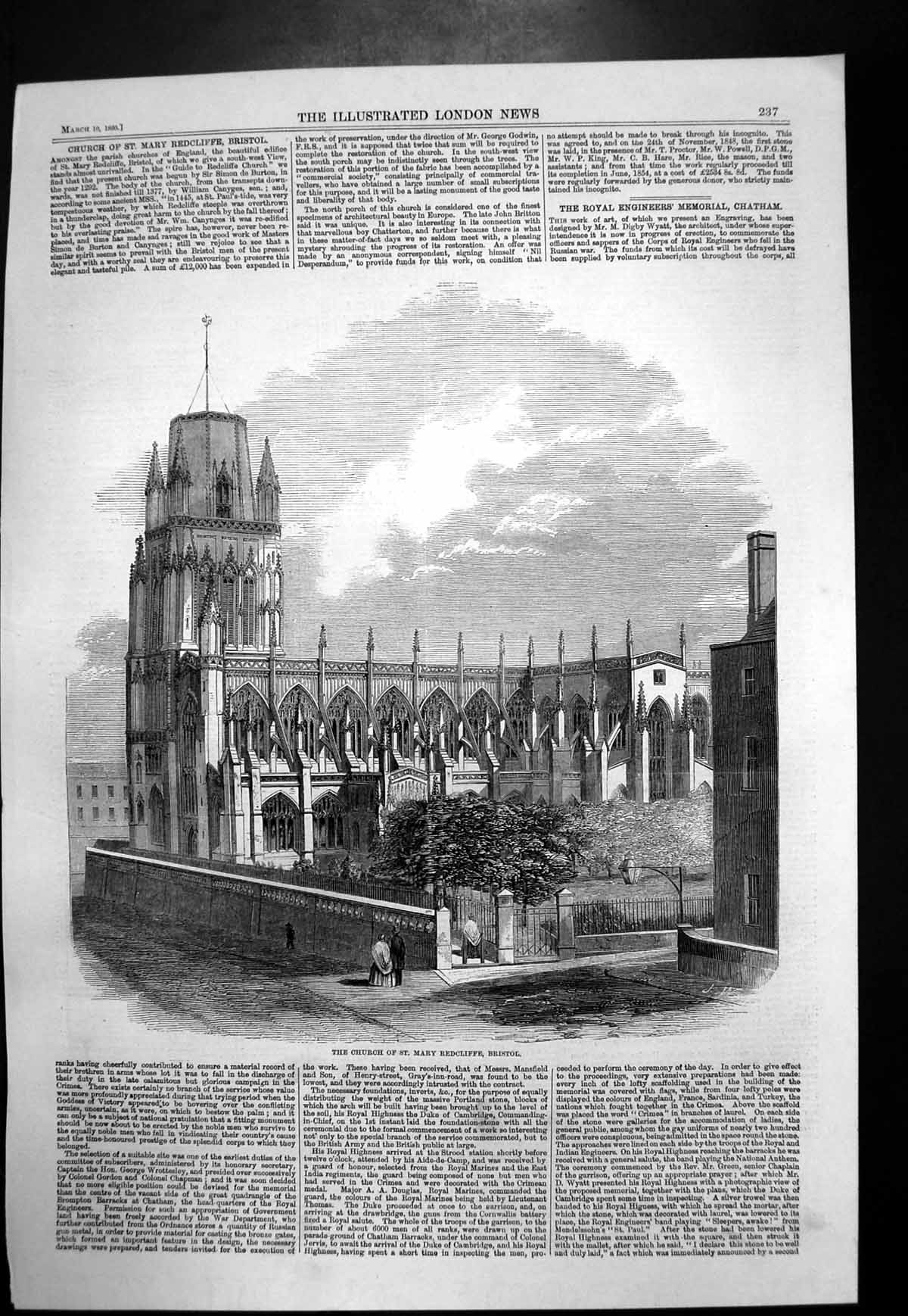Original Old Antique Print Church St Mary Redcliffe Bristol 1860 19th