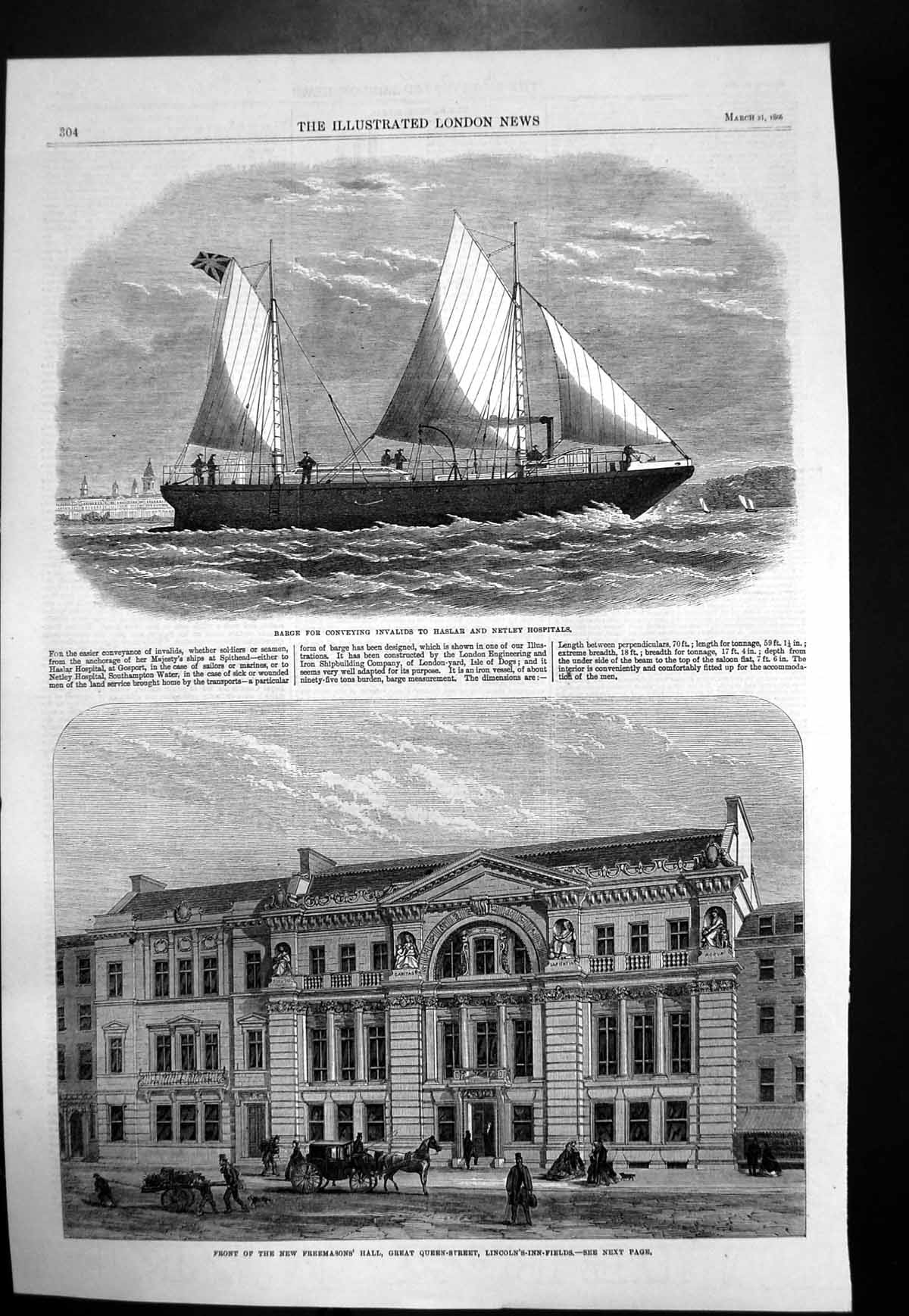 Antique Old Print Barge Invalids Haslar Netley Hospitals Freemasons Hall 1866
