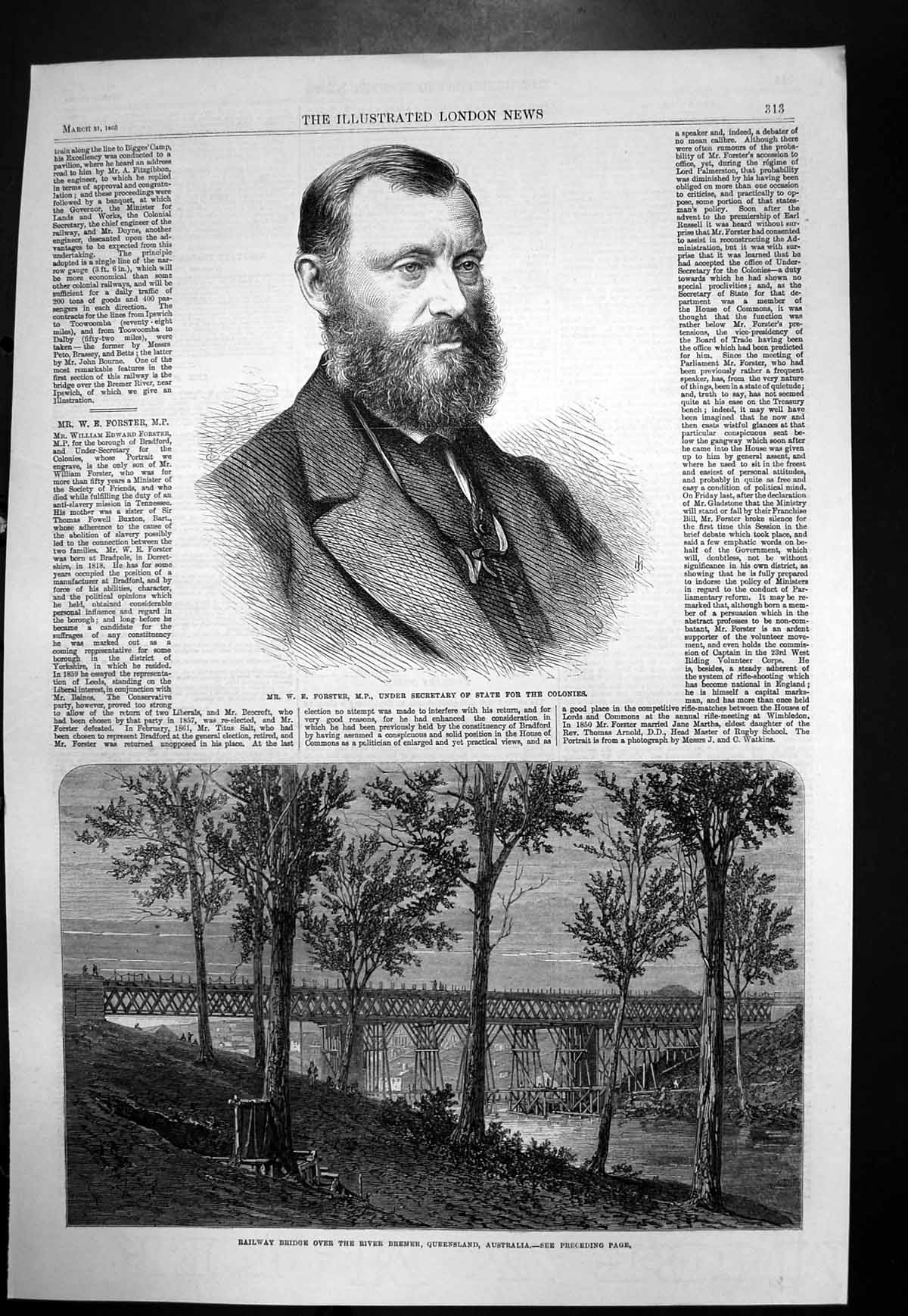 Antique Old Print Railway Bridge River Bremer Queensland We Forster Mp 1866