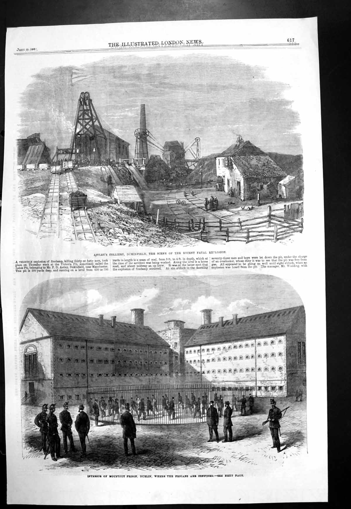 Old Print Astleys Colliery Dukinfield Mountjoy Prison Dublin Fenians 1866 19th