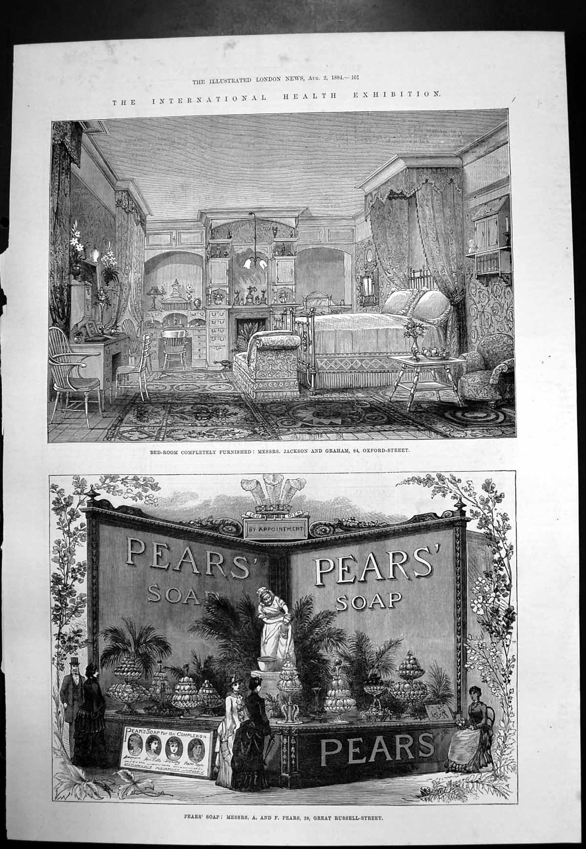 Antique Old Print Bedroom Furnished Jackson Graham Oxford St Pears Soap 1884