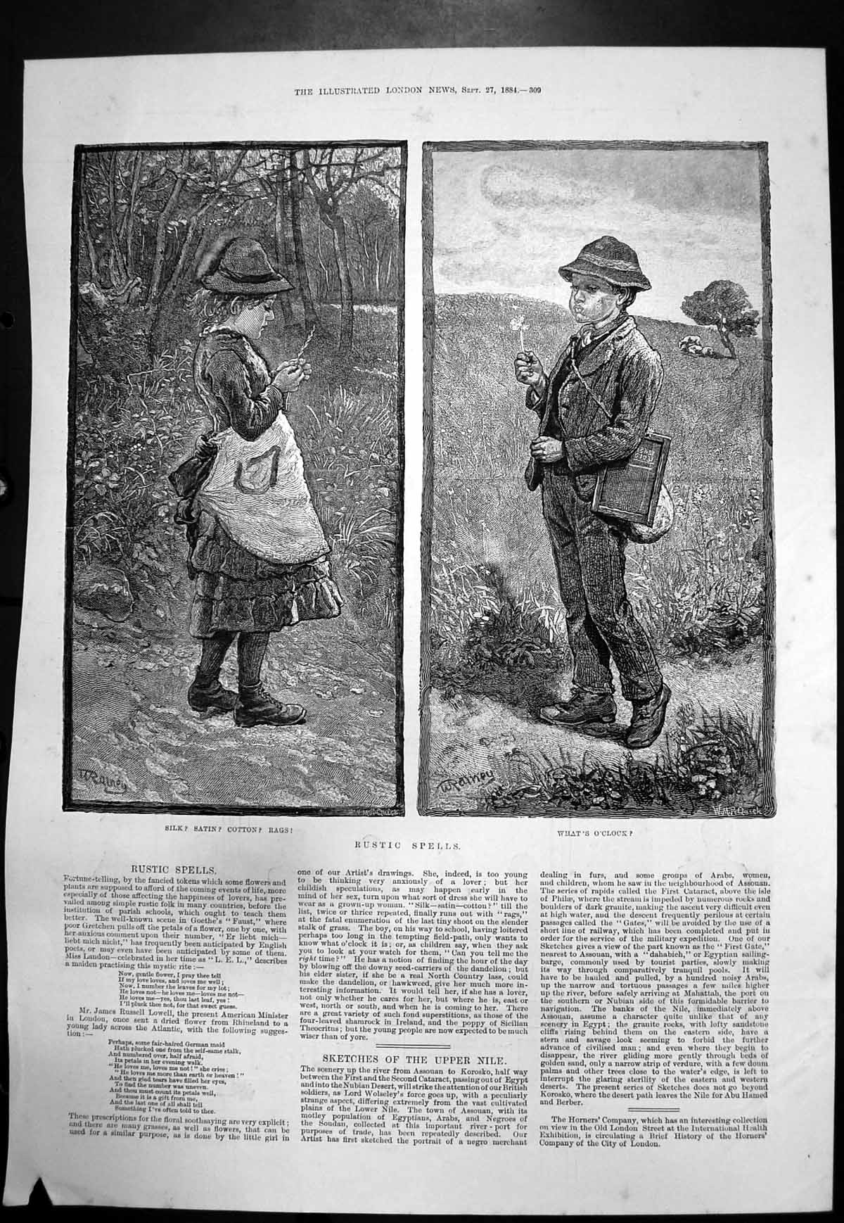 Old Print Rustic Spells Boy Girl Whats Oclock Silk Satin Cotton Rags 1884 19th