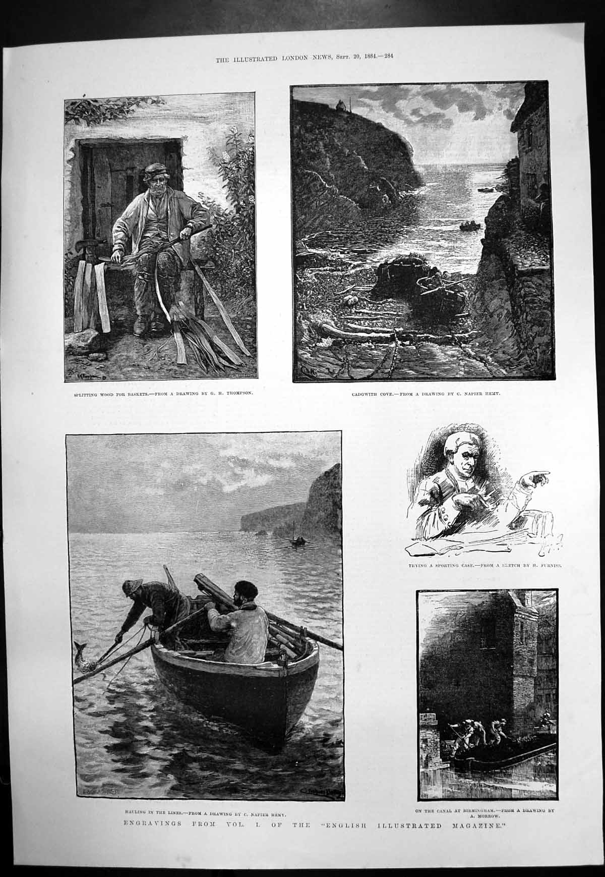 Old Antique Print Hauling Lines Splitting Wood Baskets Cadgwith Cove 1884 19th
