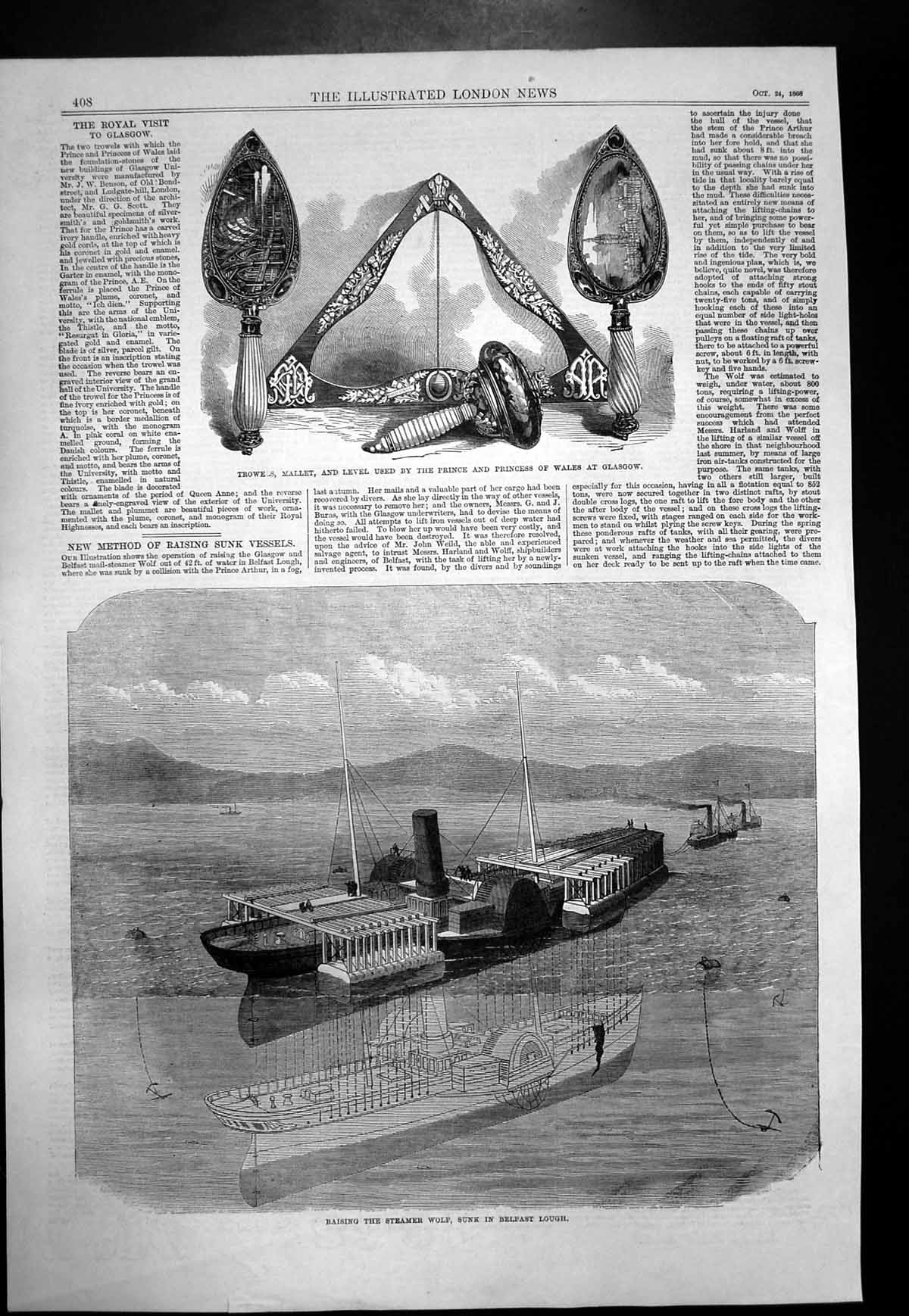 Antique Old Print Raising Steamer Wolf Belfast Lough Tools Royals Glasgow1868