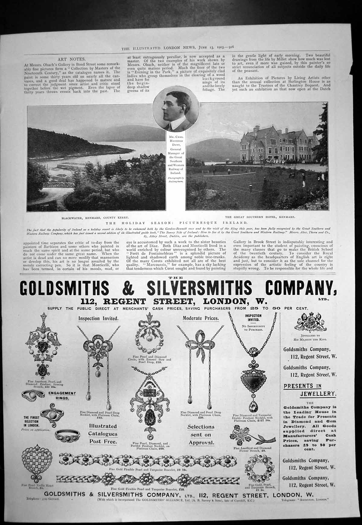 Old Antique Print Blackwater Gt Southern Hotel Kenmare Gsmiths Rings 1903 20th